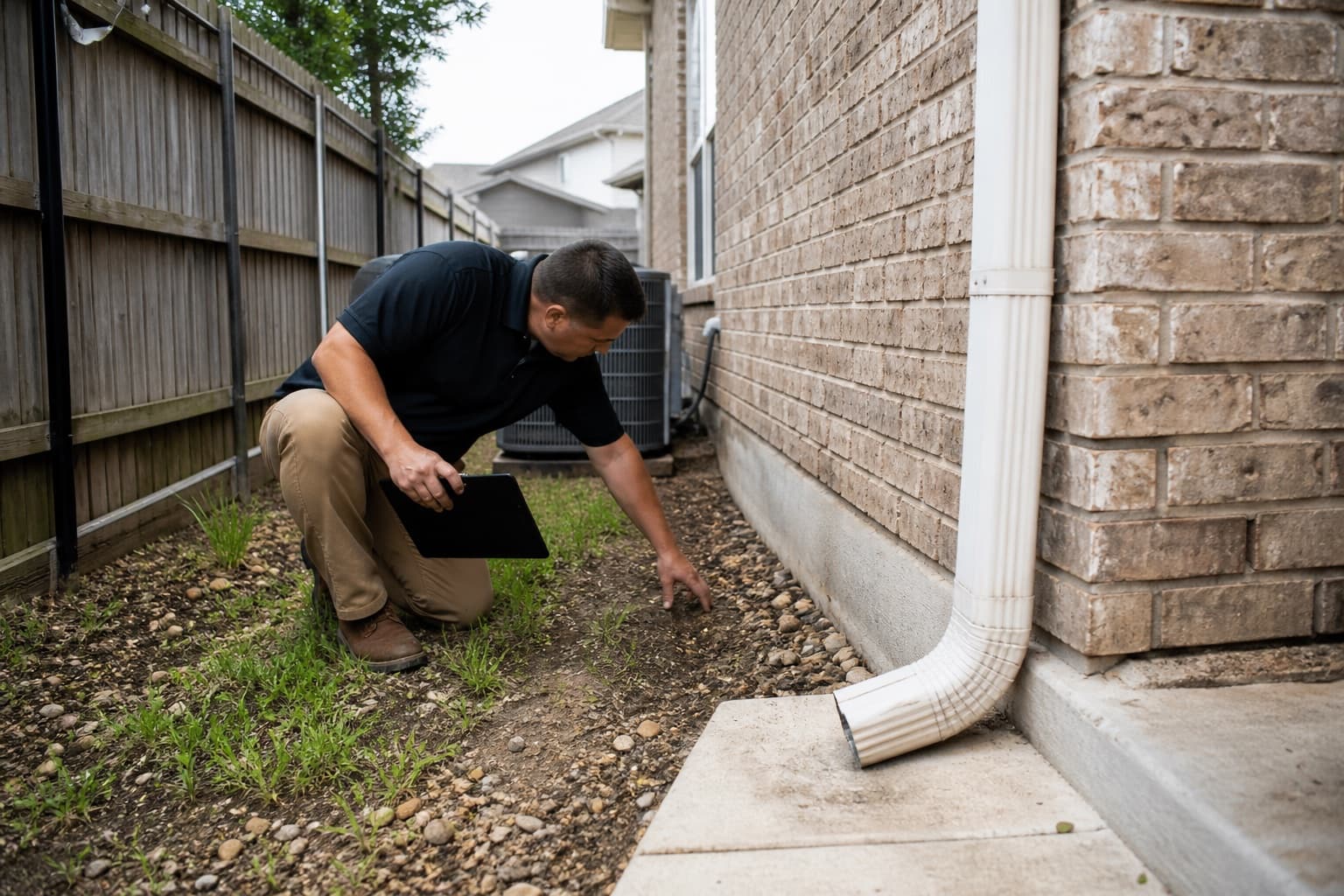 Inspector checking narrow side-yard drainage and slab conditions at an Euless Texas home
