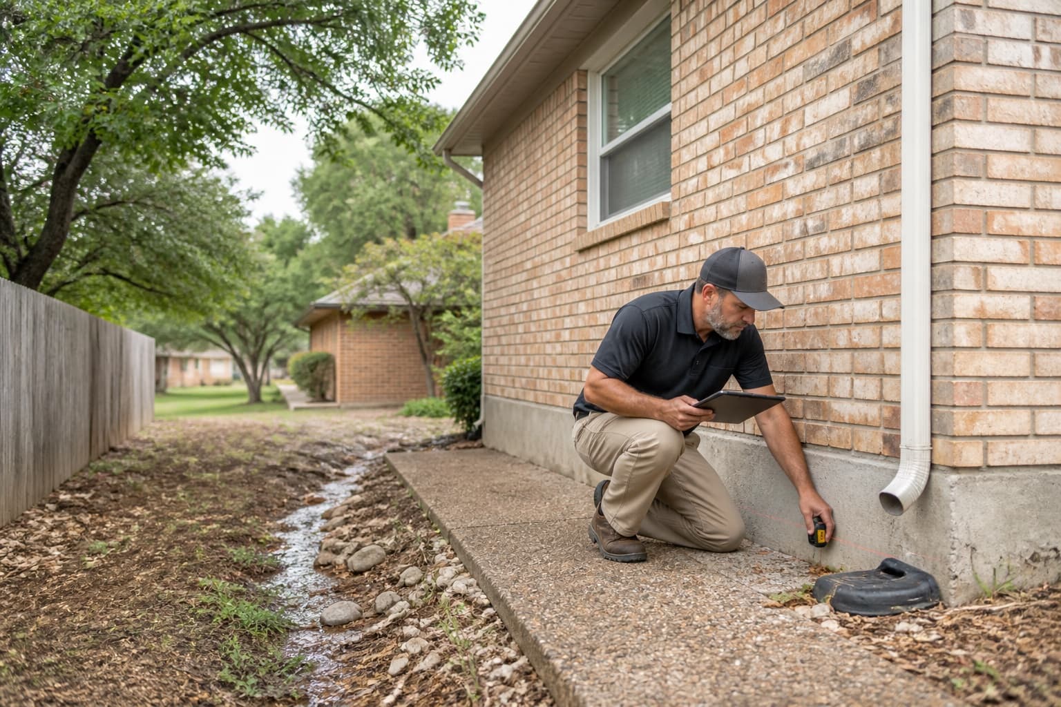 Technician reviewing side-yard drainage at an illustrative Euless-area home