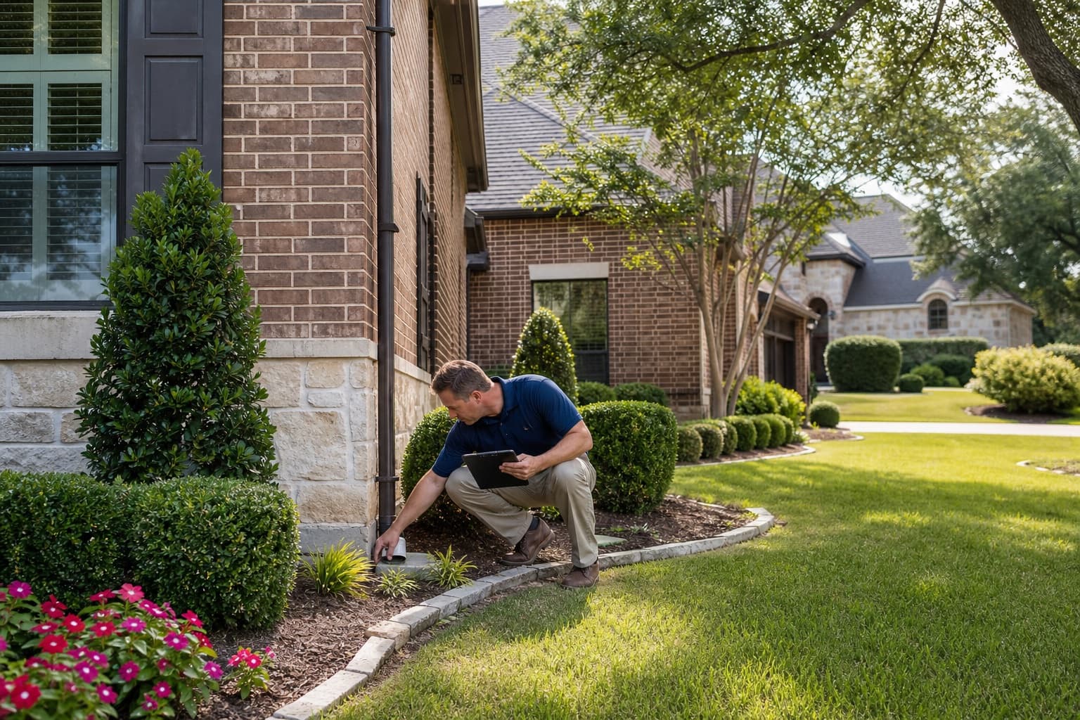 Inspector reviewing slab perimeter and irrigation at a Plano Texas home