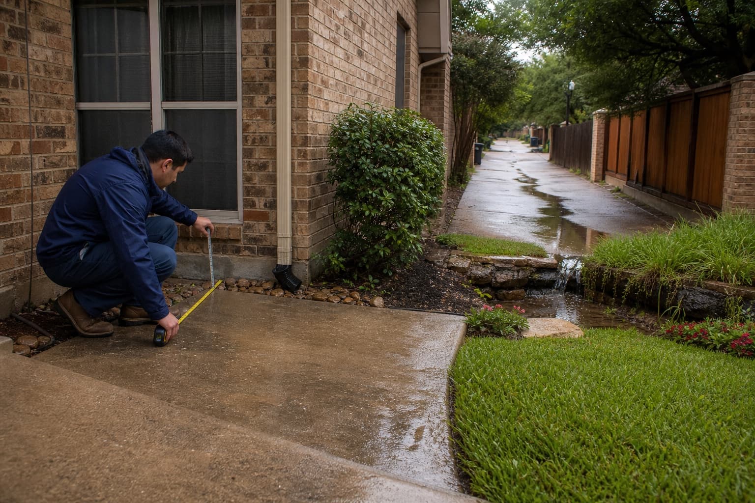 Technician tracing alley and greenbelt drainage at an illustrative Plano-area home