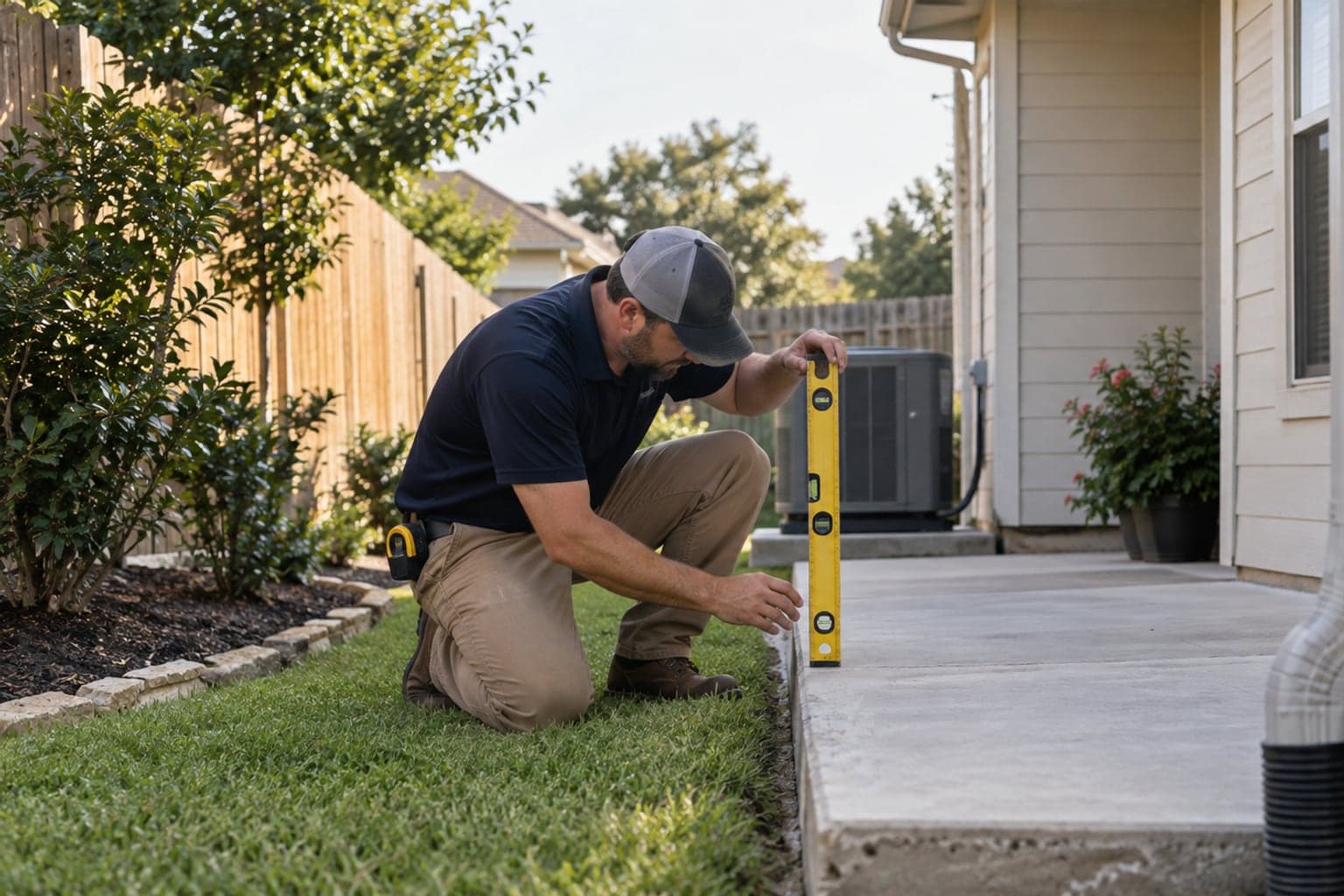 Foundation inspection beside a Saginaw Texas slab home with a compact side yard