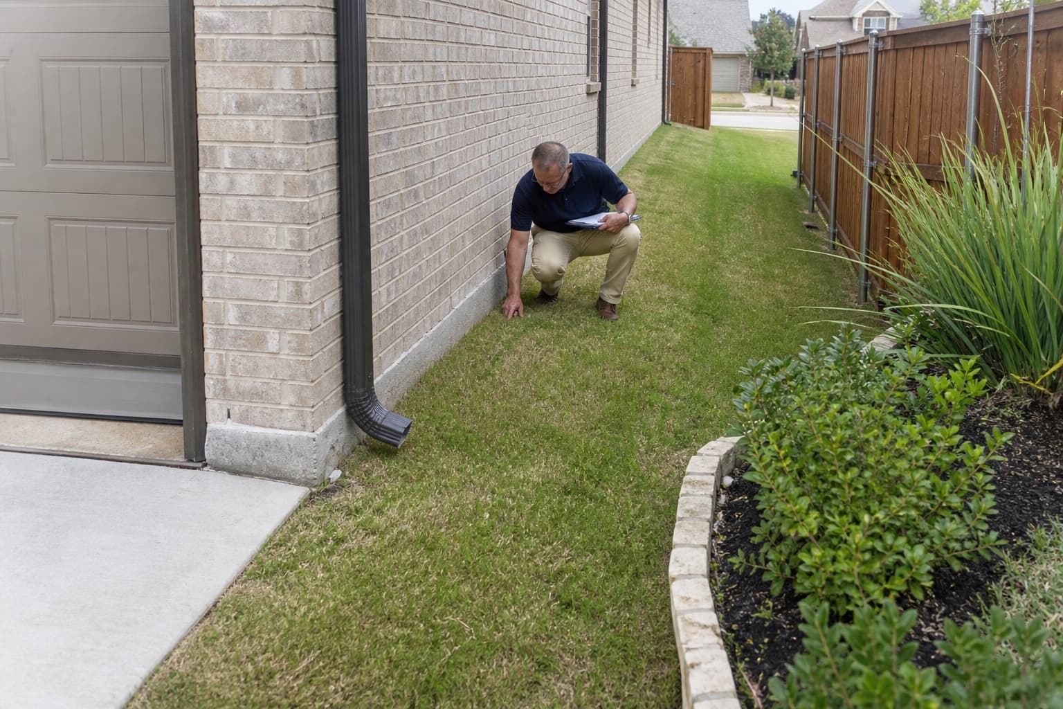 Inspector reviewing side-yard grading at a The Colony Texas slab home