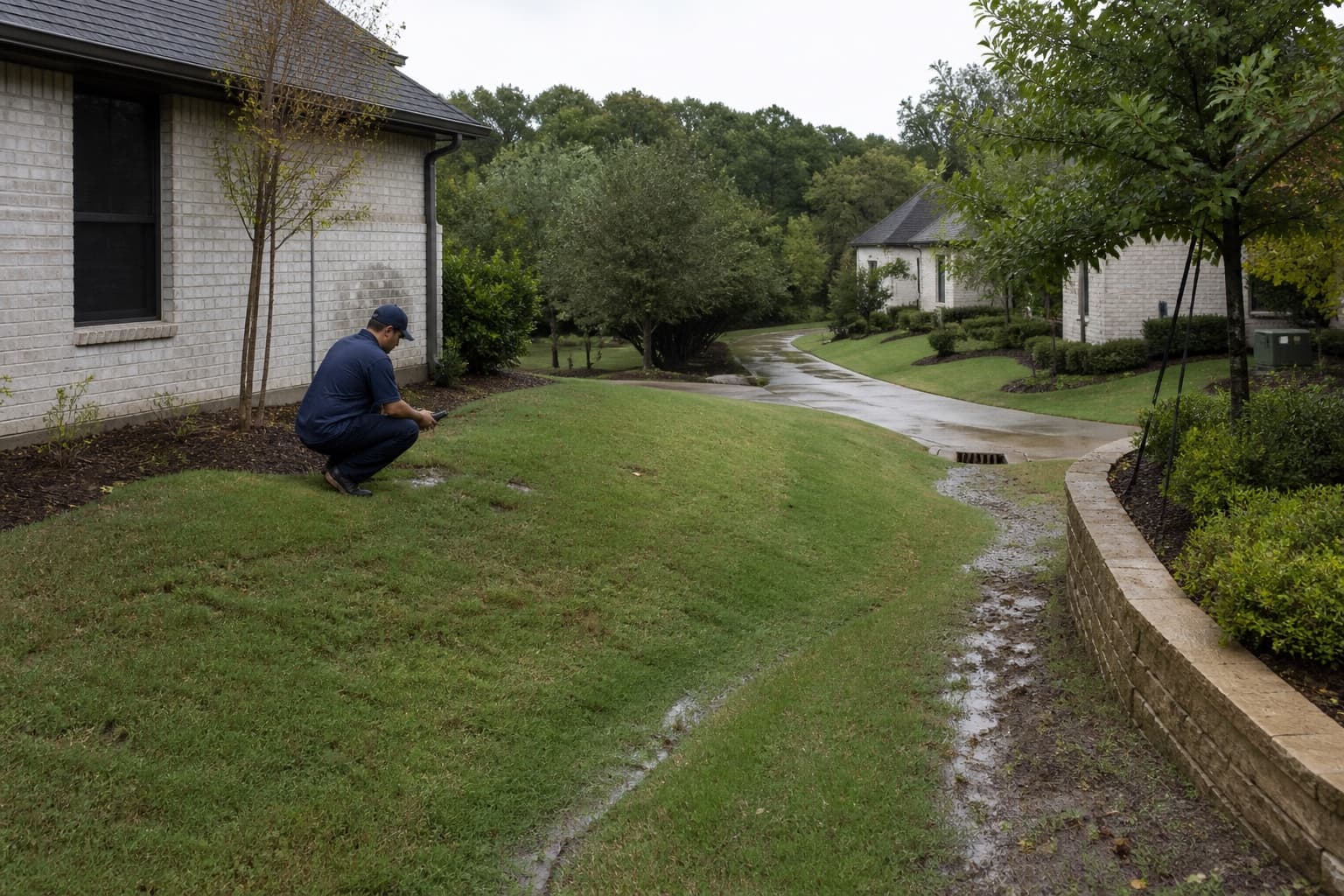 Technician tracing shoreline-oriented drainage at an illustrative The Colony-area property