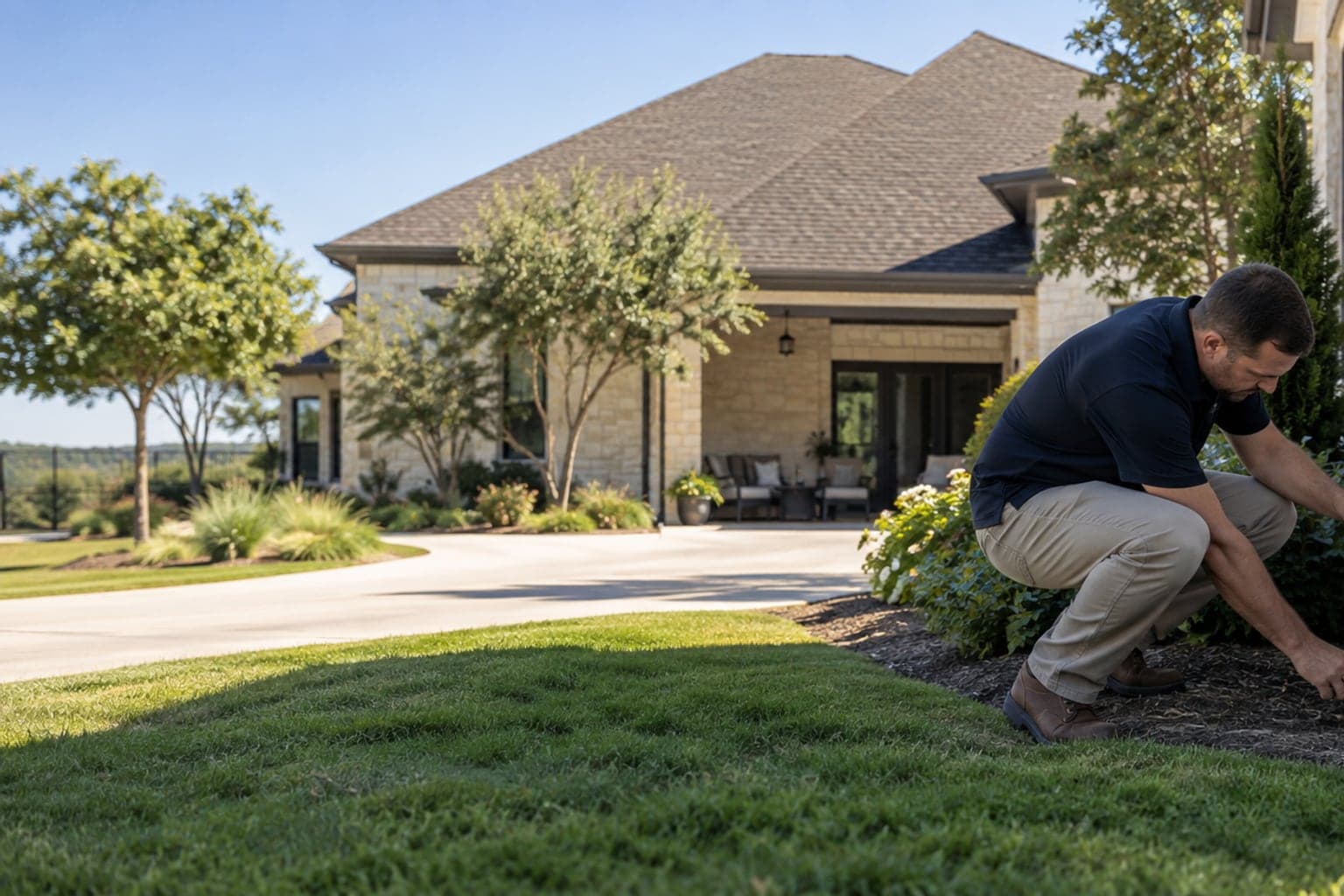Foundation inspection at an Aledo Texas slab home on a landscaped residential lot