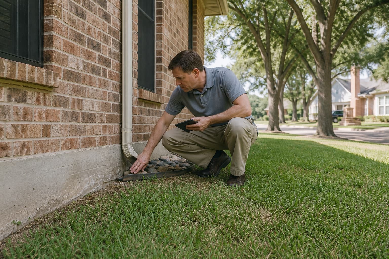 Foundation inspector checking exterior wall and drainage conditions at an Arlington Texas brick home