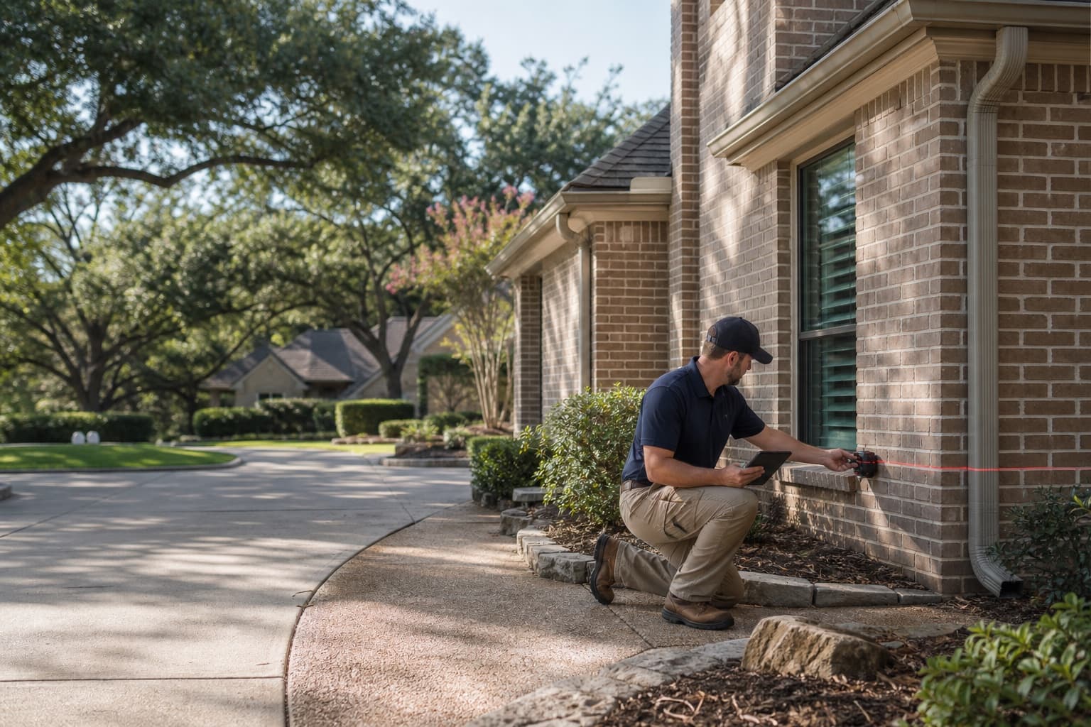 Technician documenting foundation conditions at an illustrative Arlington-area home