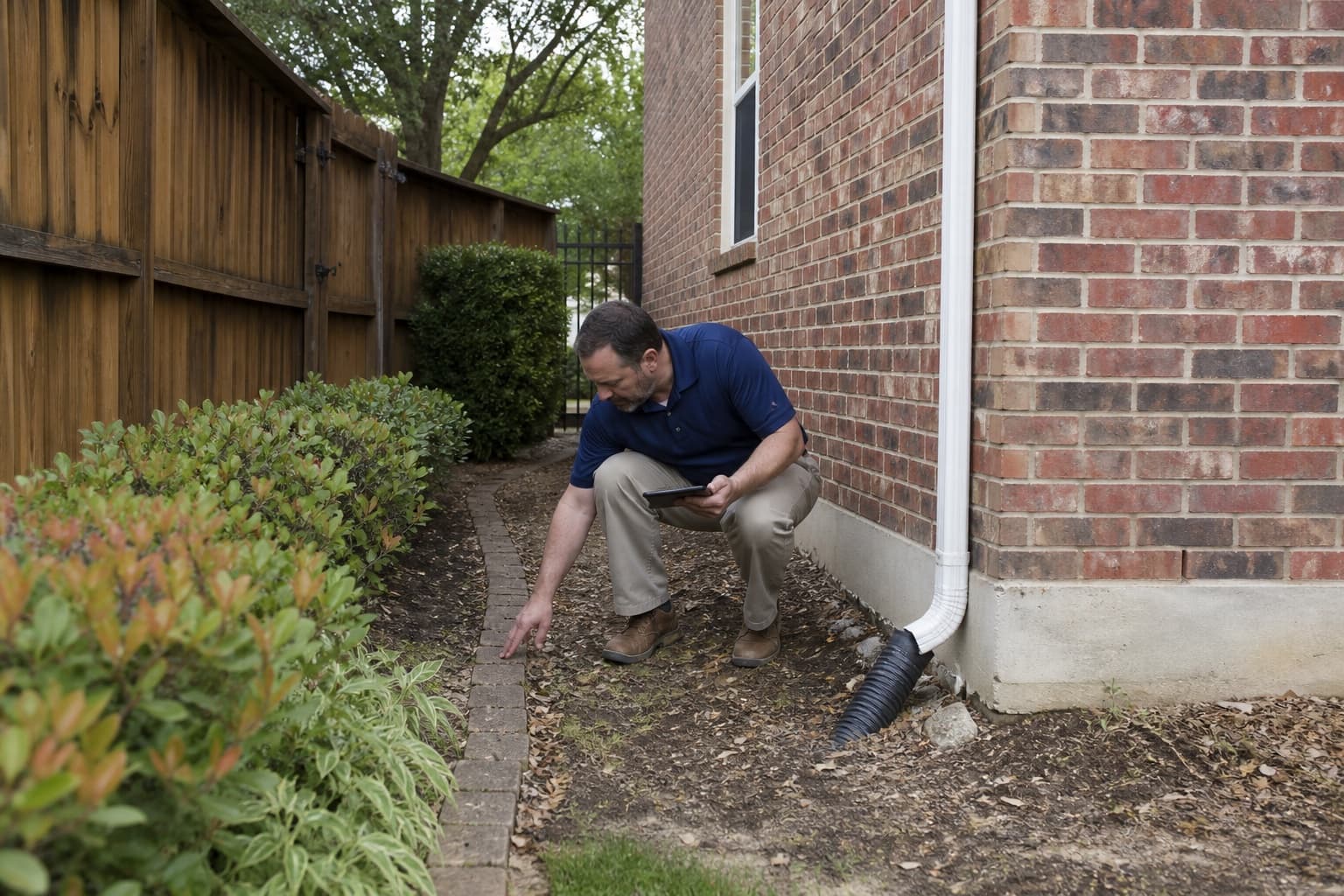 Inspector documenting foundation and side-yard drainage conditions at a Bedford Texas home