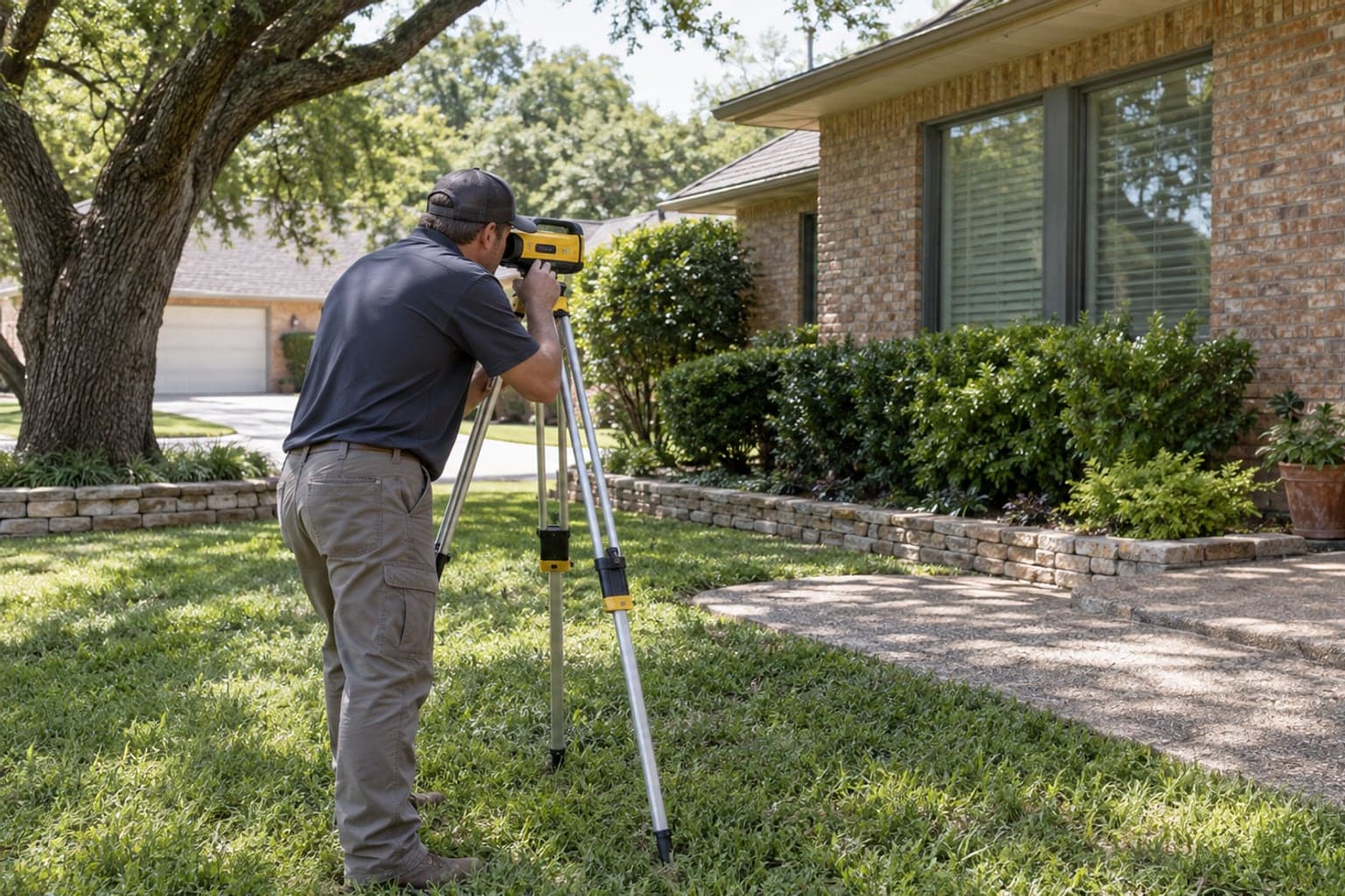 Foundation inspection at an established Benbrook Texas home with mature landscaping