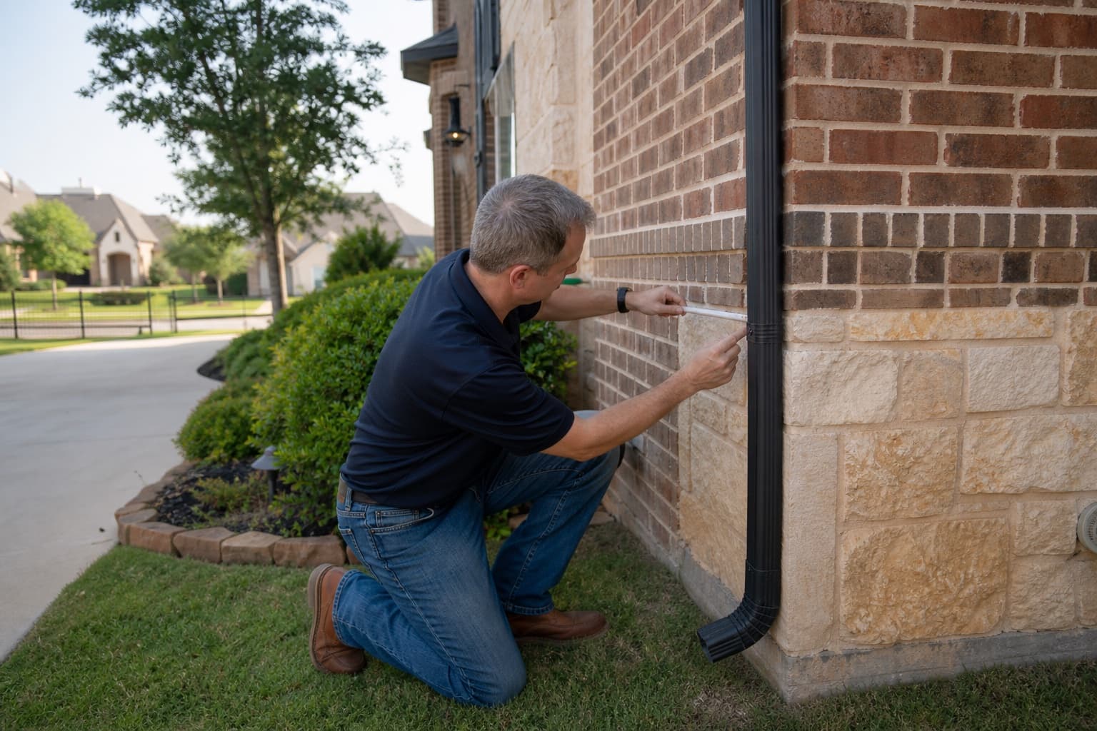 Inspector measuring an exterior foundation corner at a Carrollton Texas residence