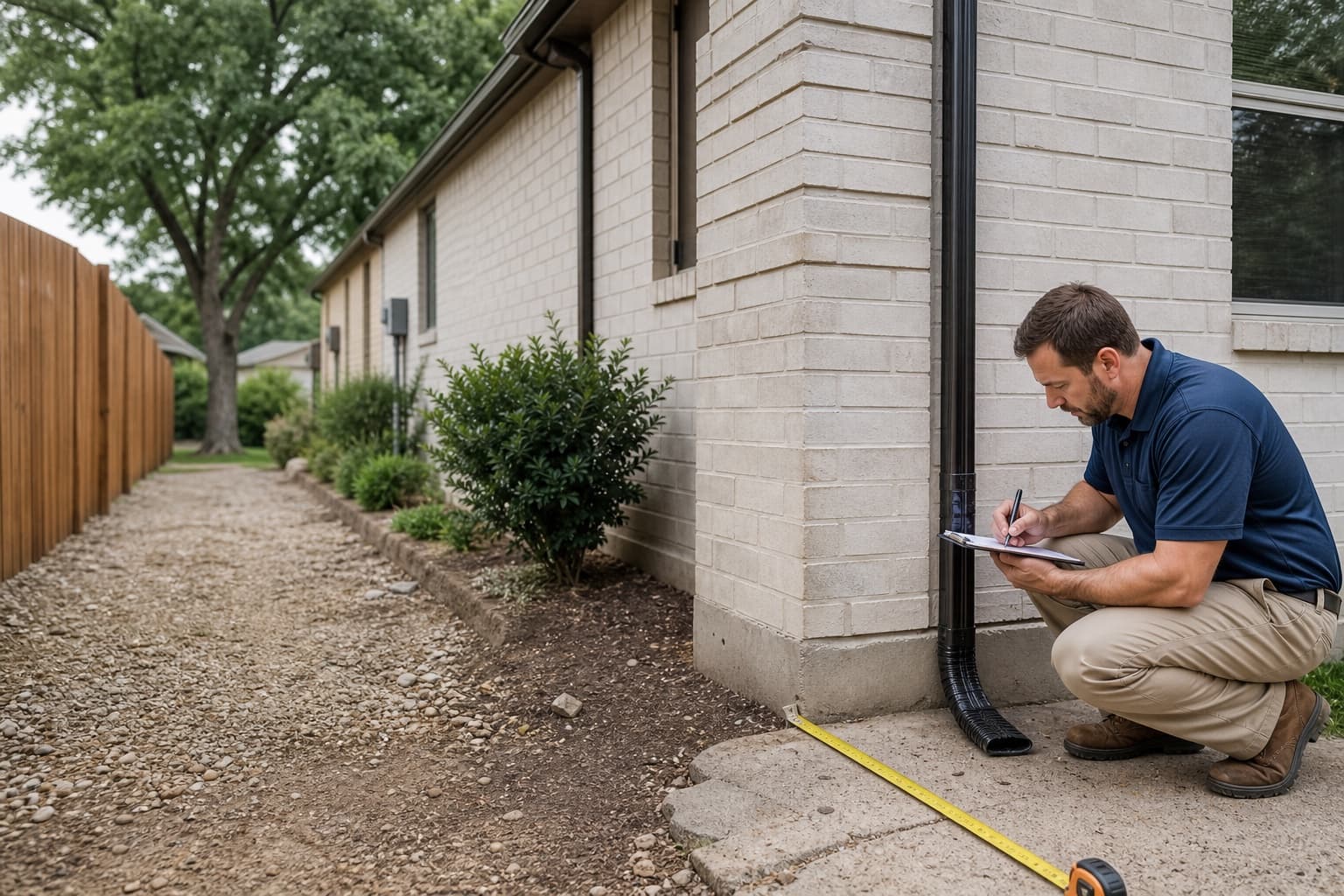 Technician reviewing side-yard drainage at an illustrative Carrollton-area property