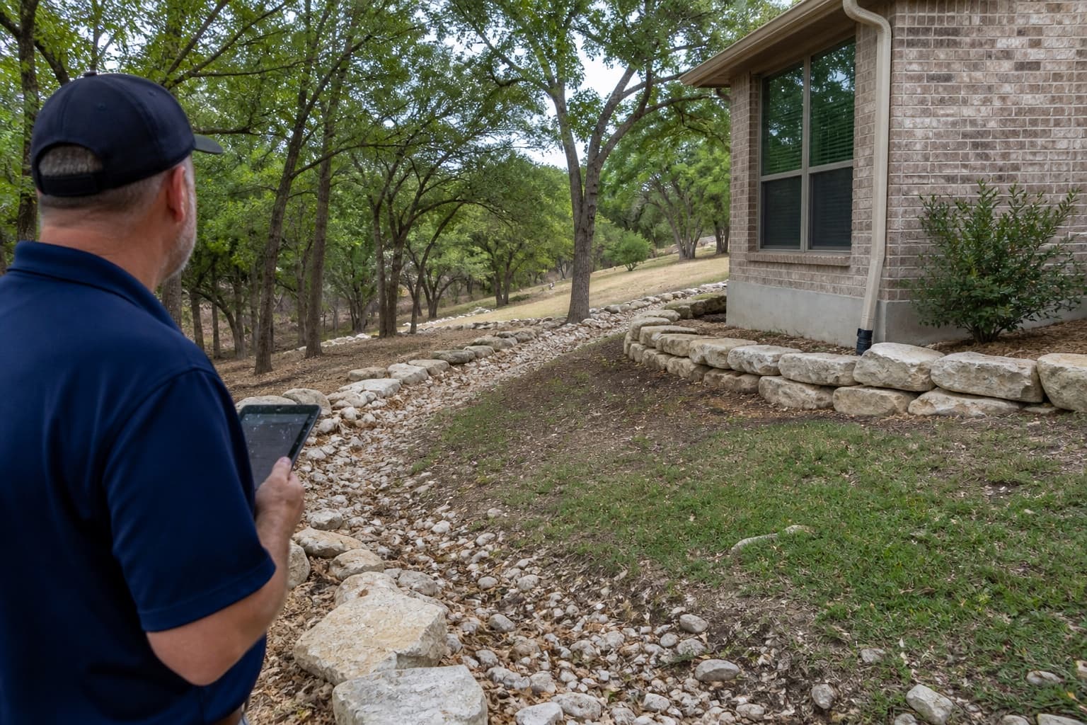 Foundation inspector reviewing slope and runoff beside a Cedar Hill Texas home