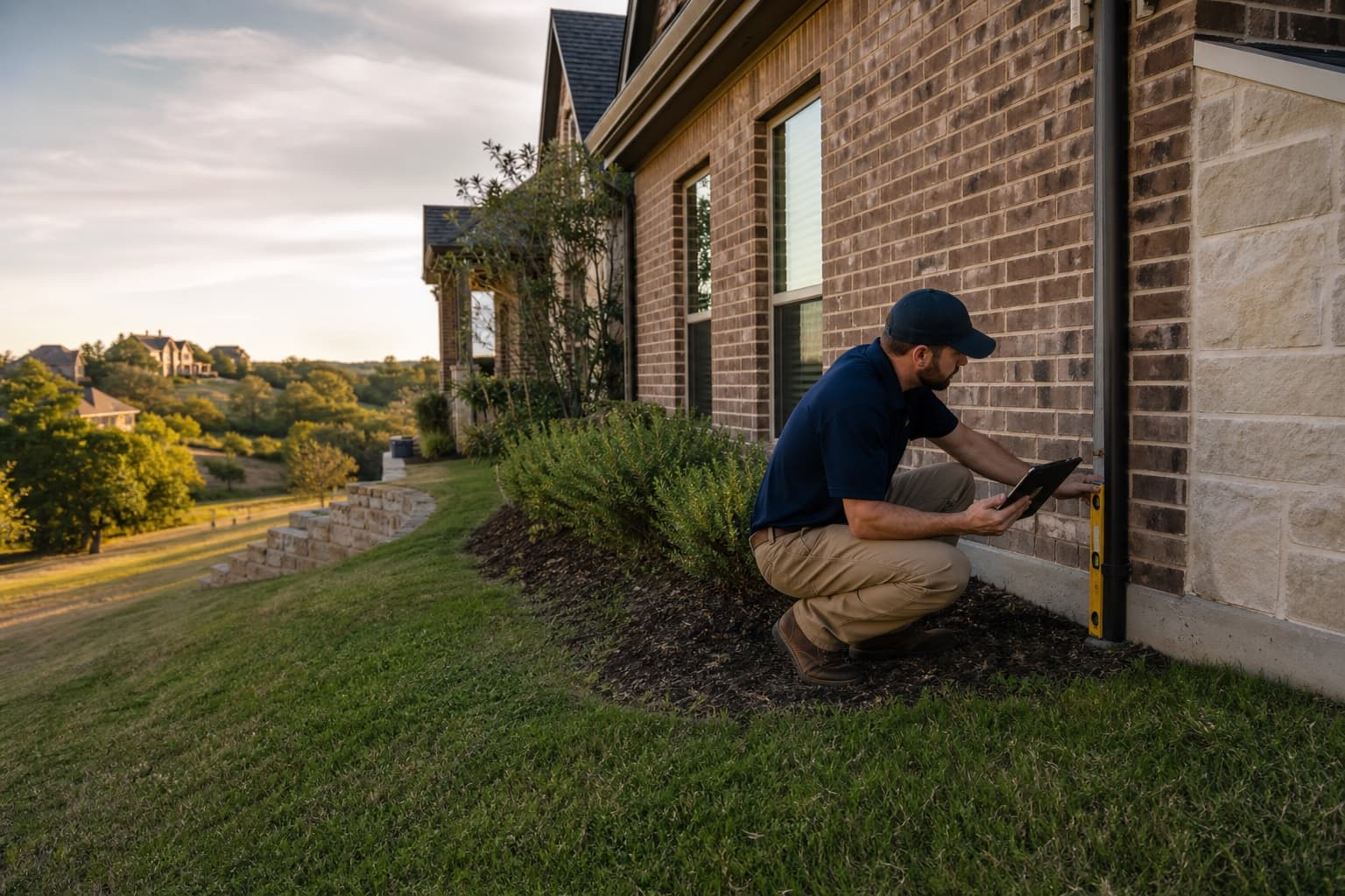Technician evaluating foundation and slope conditions at an illustrative Cedar Hill-area home