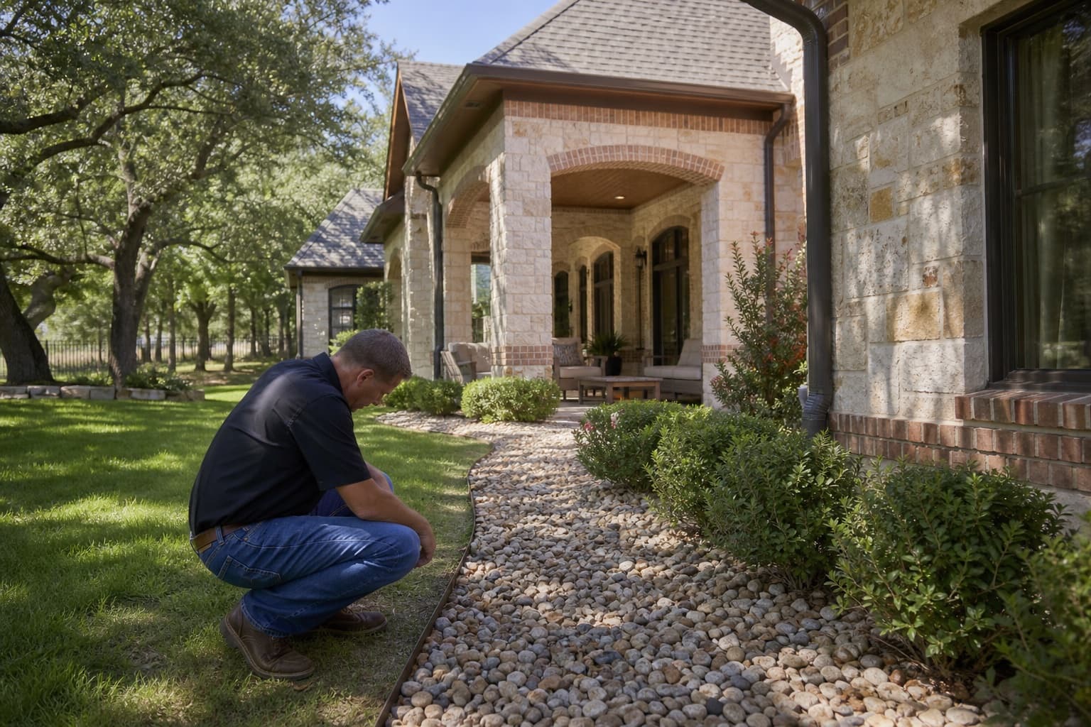 Inspector reviewing hardscape drainage at a large Colleyville Texas residential property
