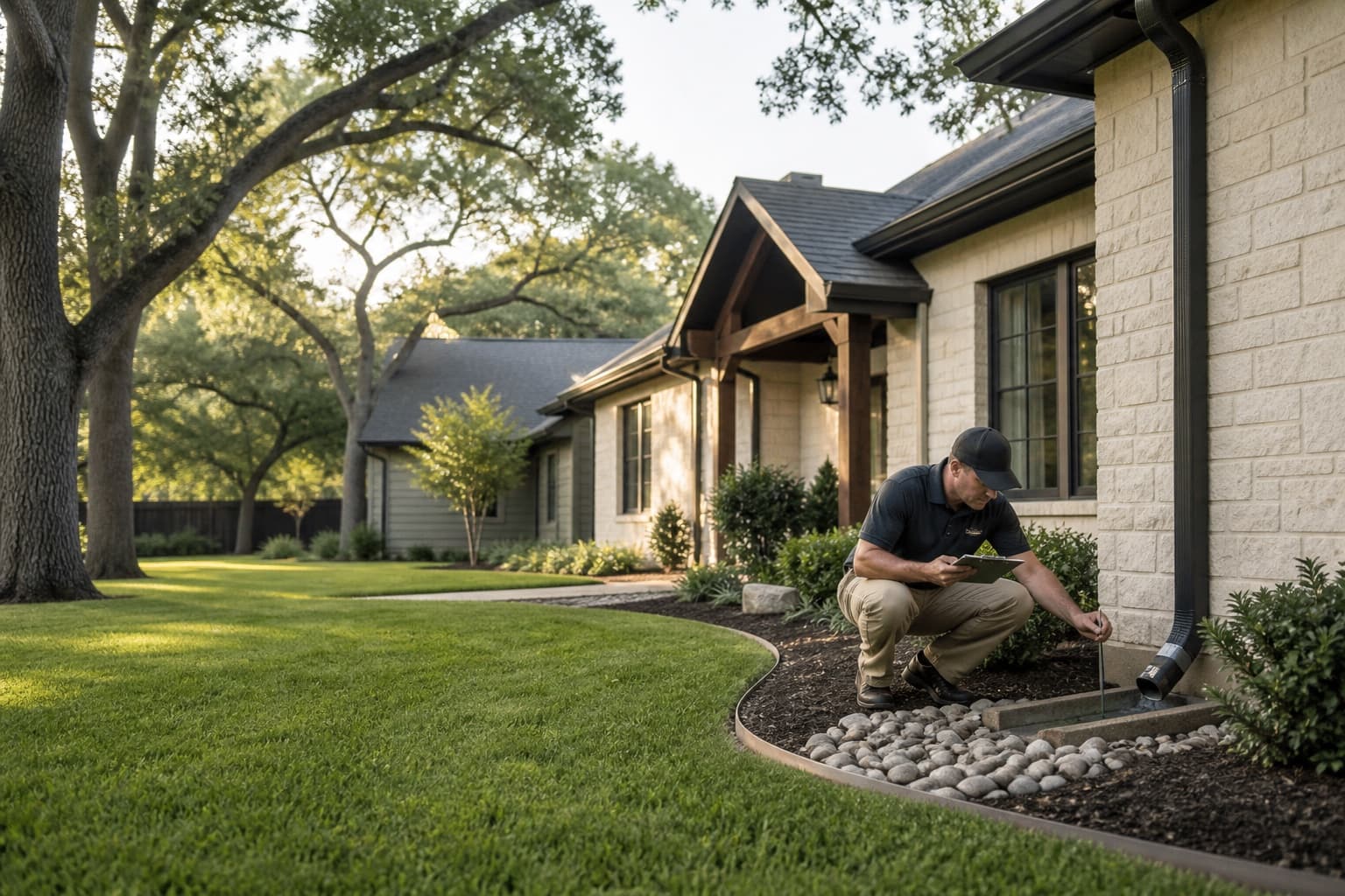 Technician reviewing perimeter drainage at an illustrative Colleyville-area home