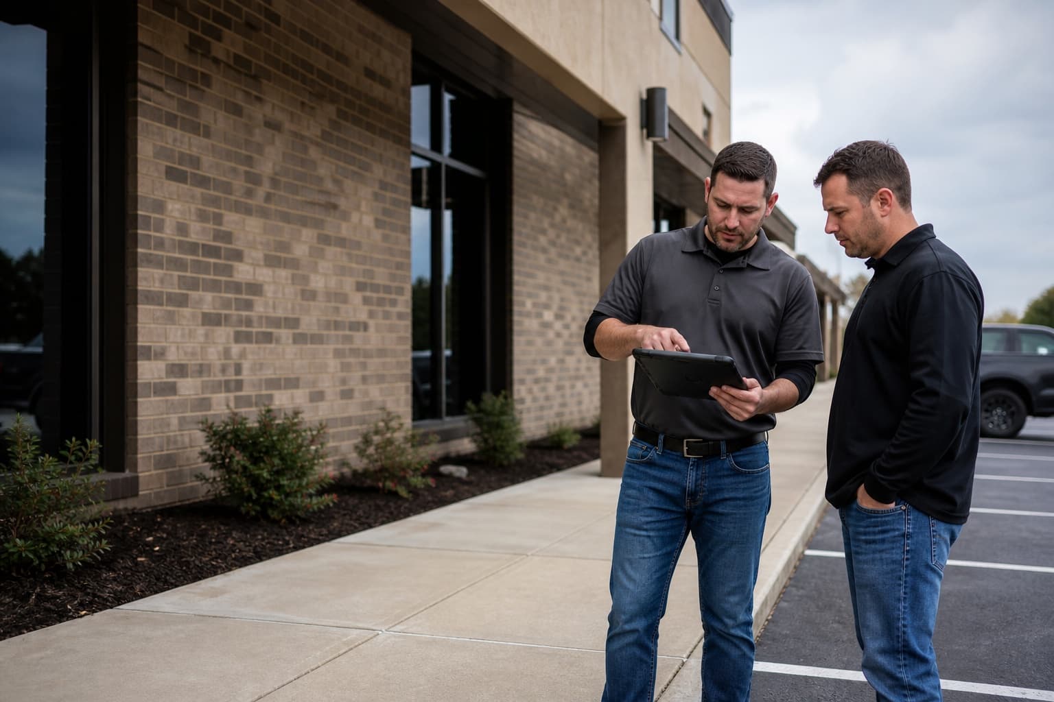 Commercial exterior review illustrating inspection planning for an Irving business property