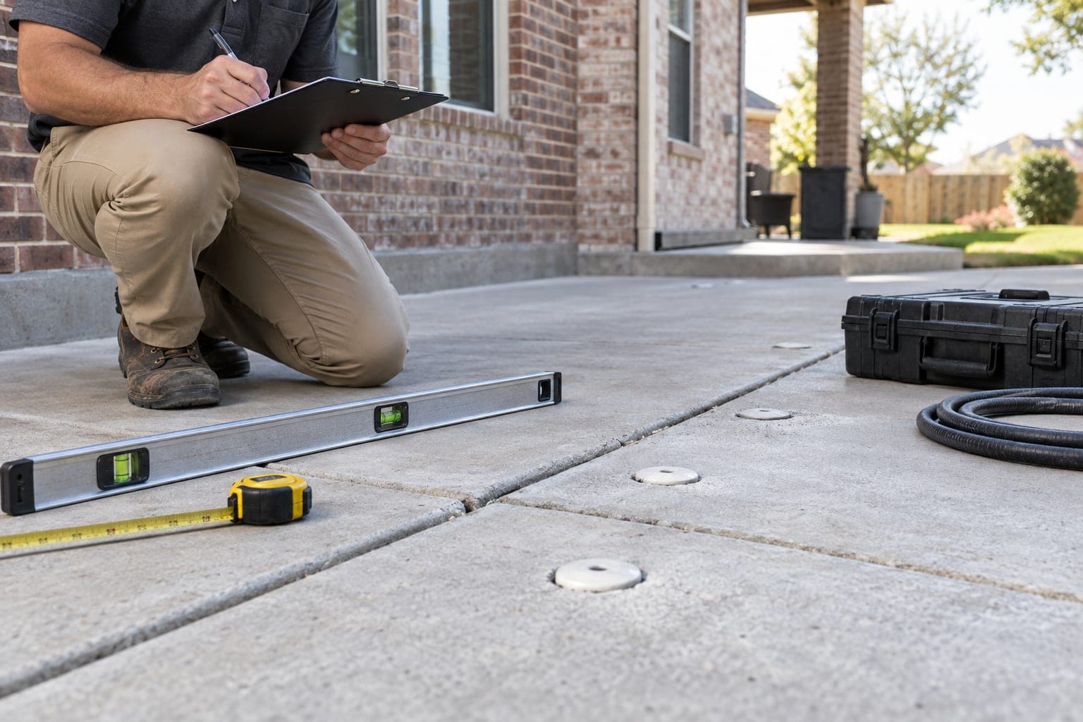 Concrete leveling evaluation tools beside a settled exterior slab and visible panel joint