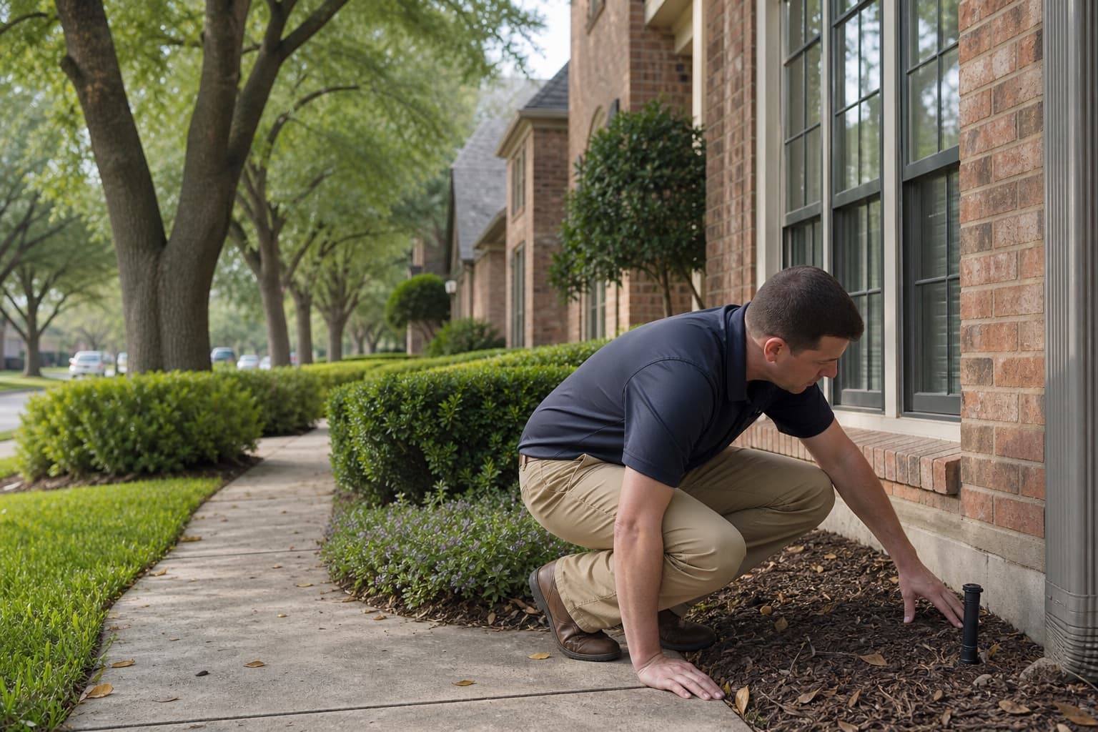 Inspector reviewing slab edge and irrigation conditions at a Coppell Texas home