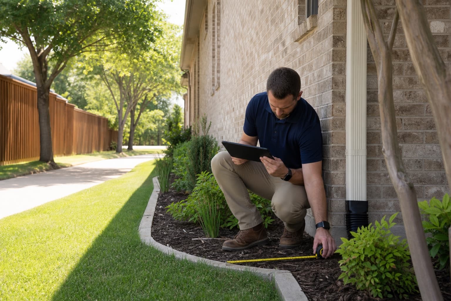 Technician reviewing drainage and foundation conditions at an illustrative Coppell-area home