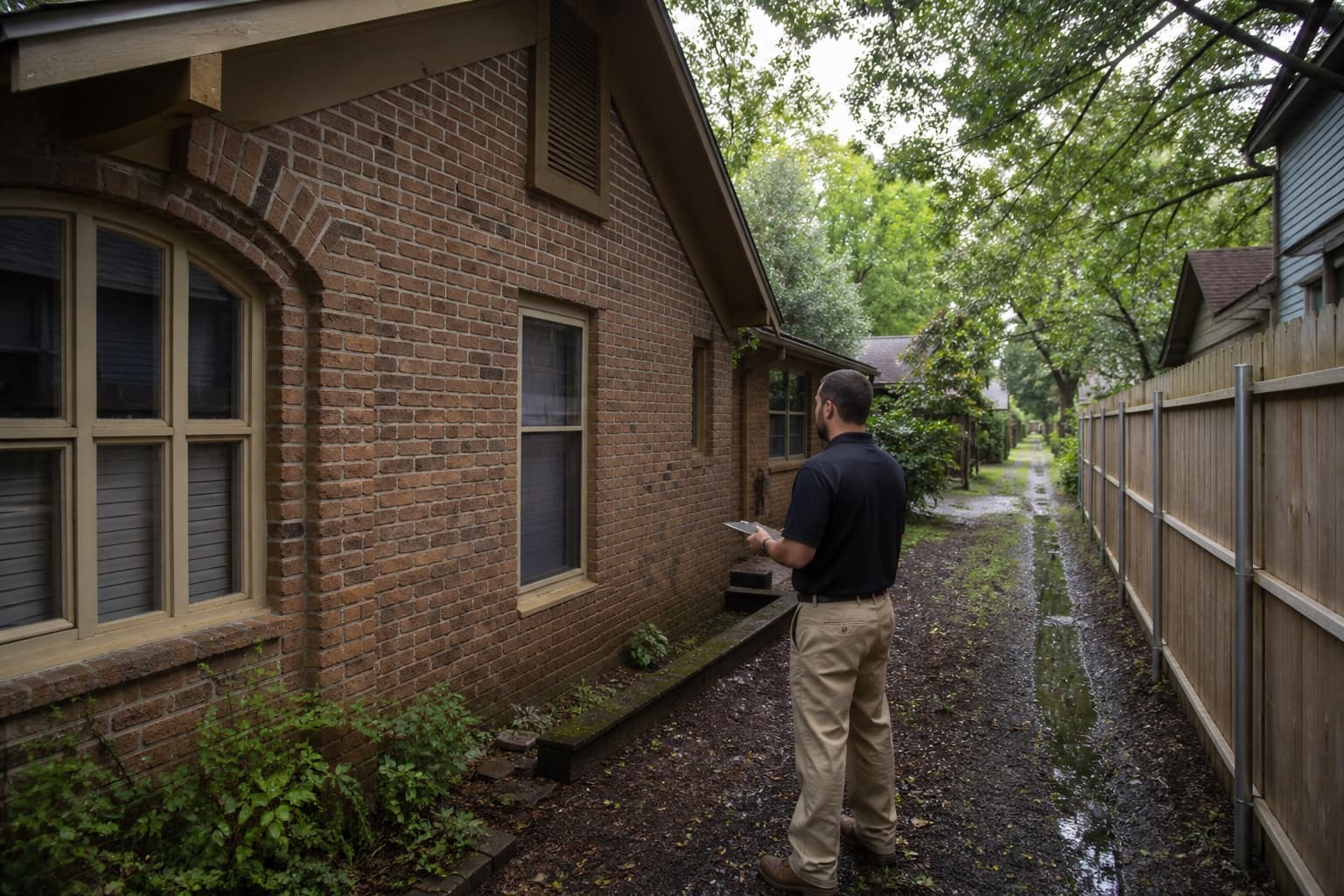 Foundation inspector documenting an older Dallas home exterior and alley-side drainage