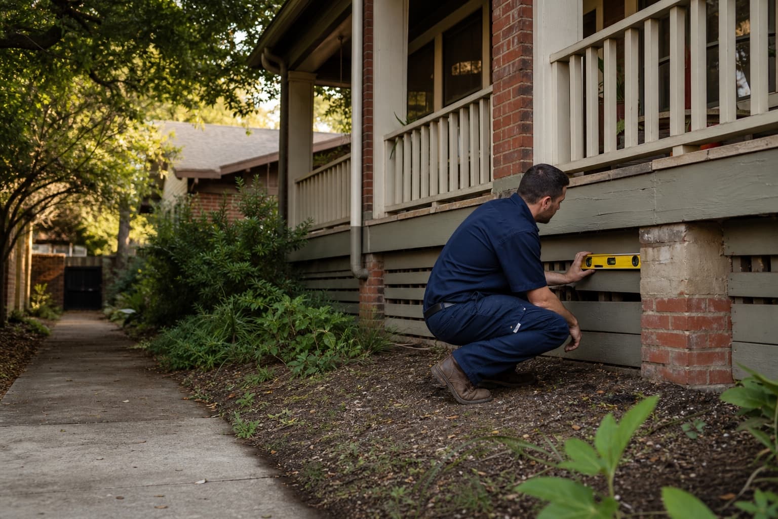 Foundation evaluation at a Dallas home with mature landscaping