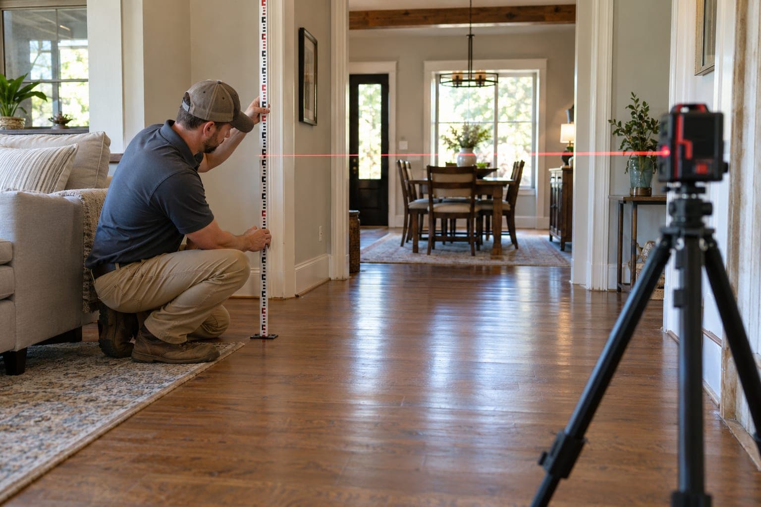 Inspector taking floor elevation measurements across the interior of a North Texas home