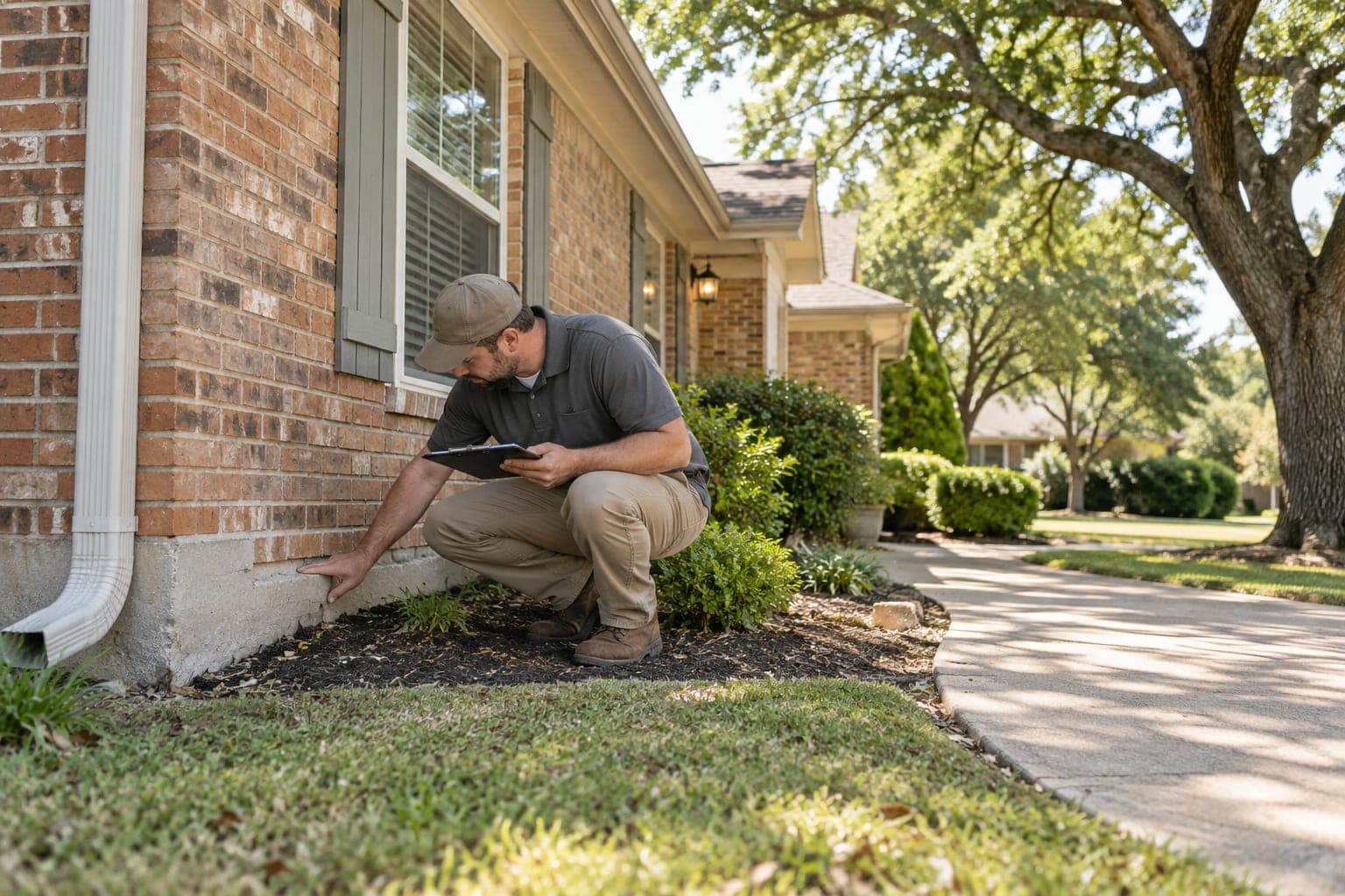 Inspector reviewing the slab edge and exterior conditions at an established North Texas brick home