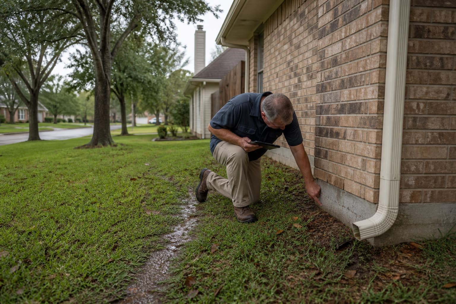 Inspector tracing rear-yard runoff beside a DeSoto Texas brick residence