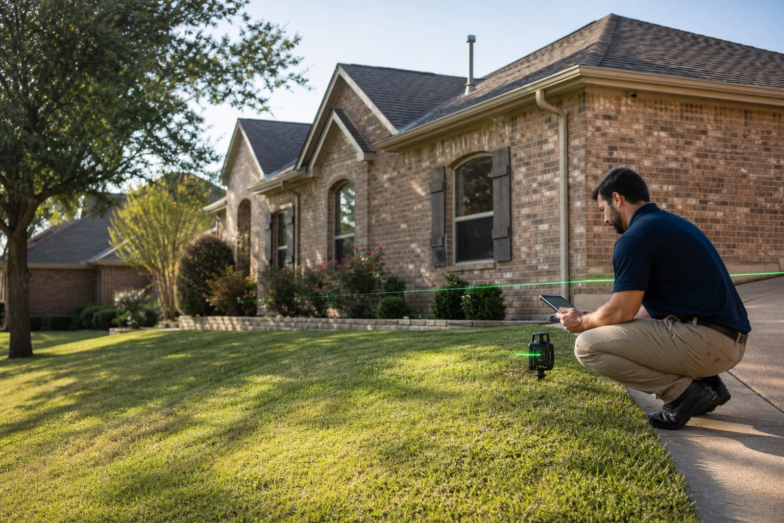 Technician evaluating grade and foundation conditions at an illustrative DeSoto-area property