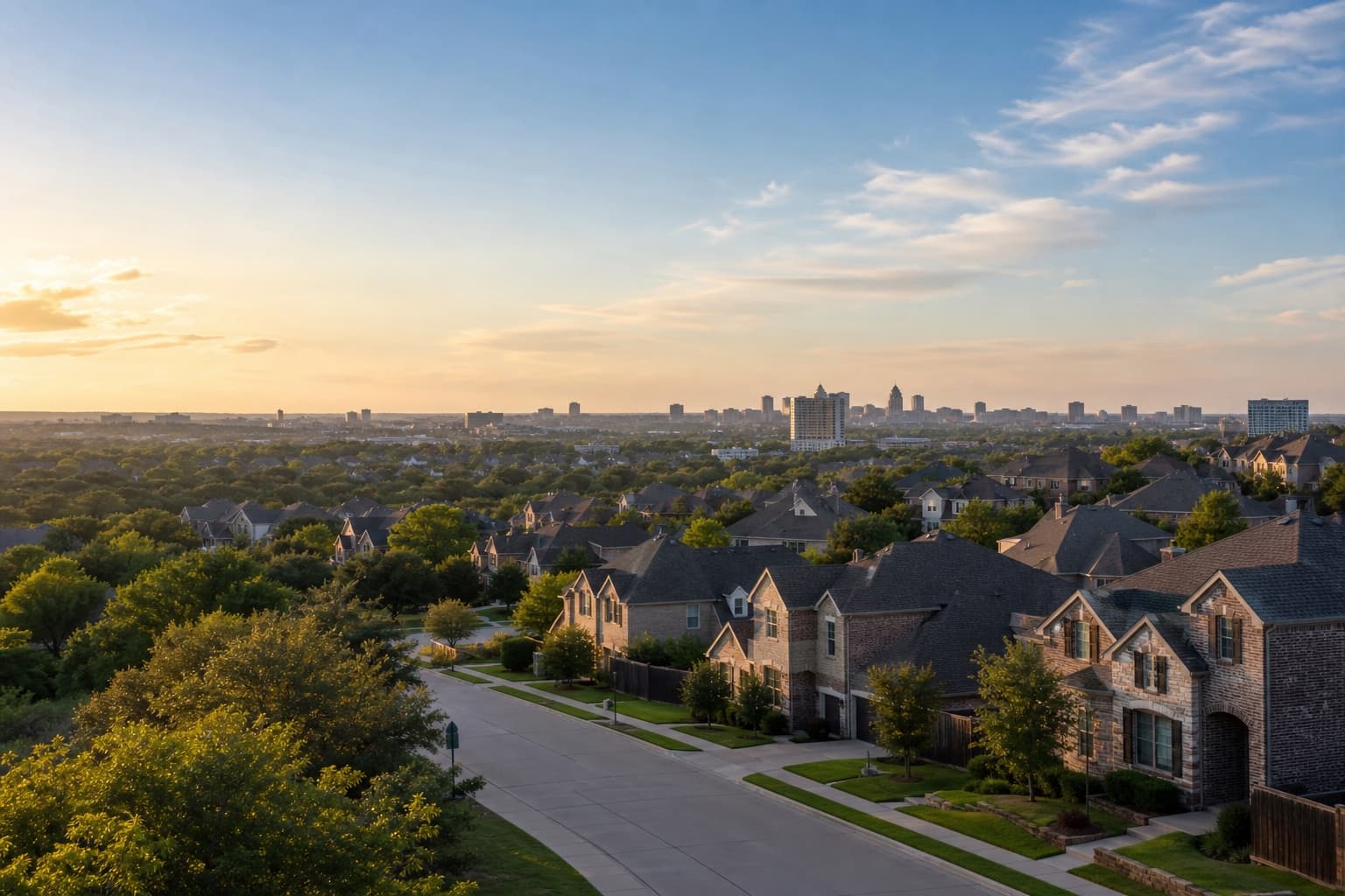 Dallas-Fort Worth residential neighborhoods under a broad North Texas sky