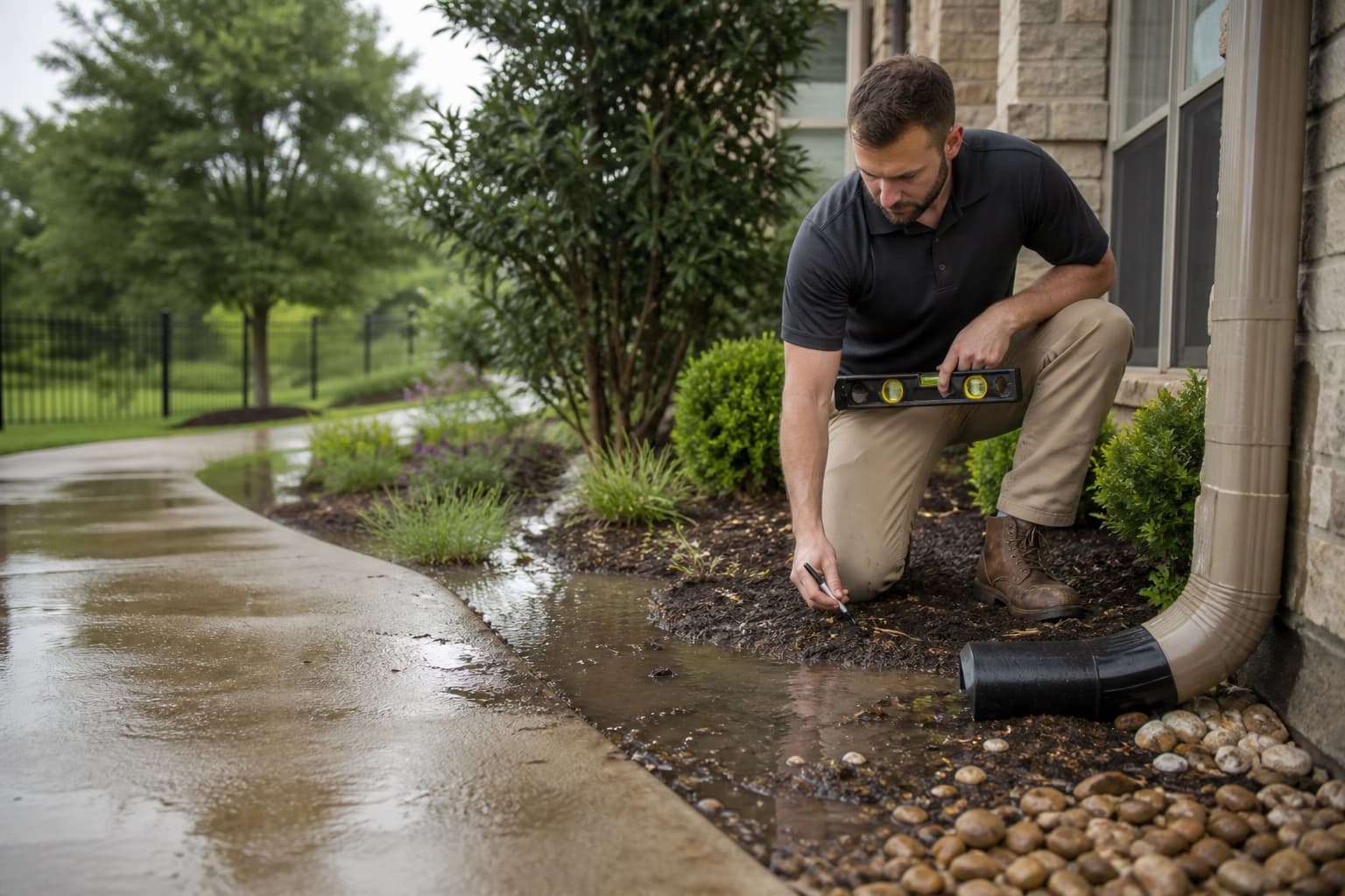 Technician evaluating rainwater collection and grading beside a North Texas home