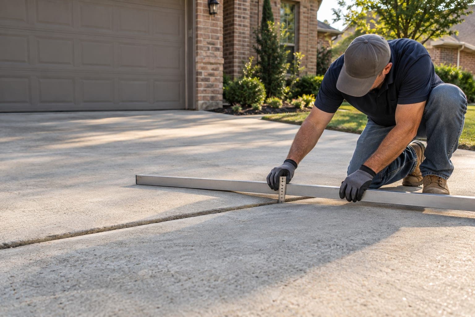 Concrete specialist measuring an uneven residential driveway joint for a Dallas leveling evaluation