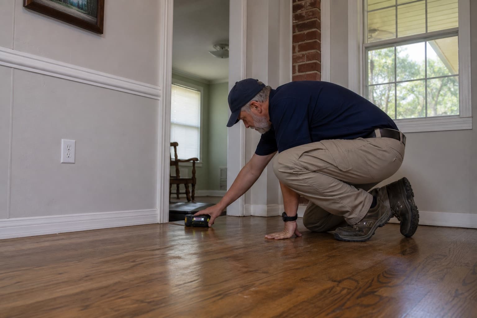 Foundation inspector measuring floor changes in an established Duncanville Texas home