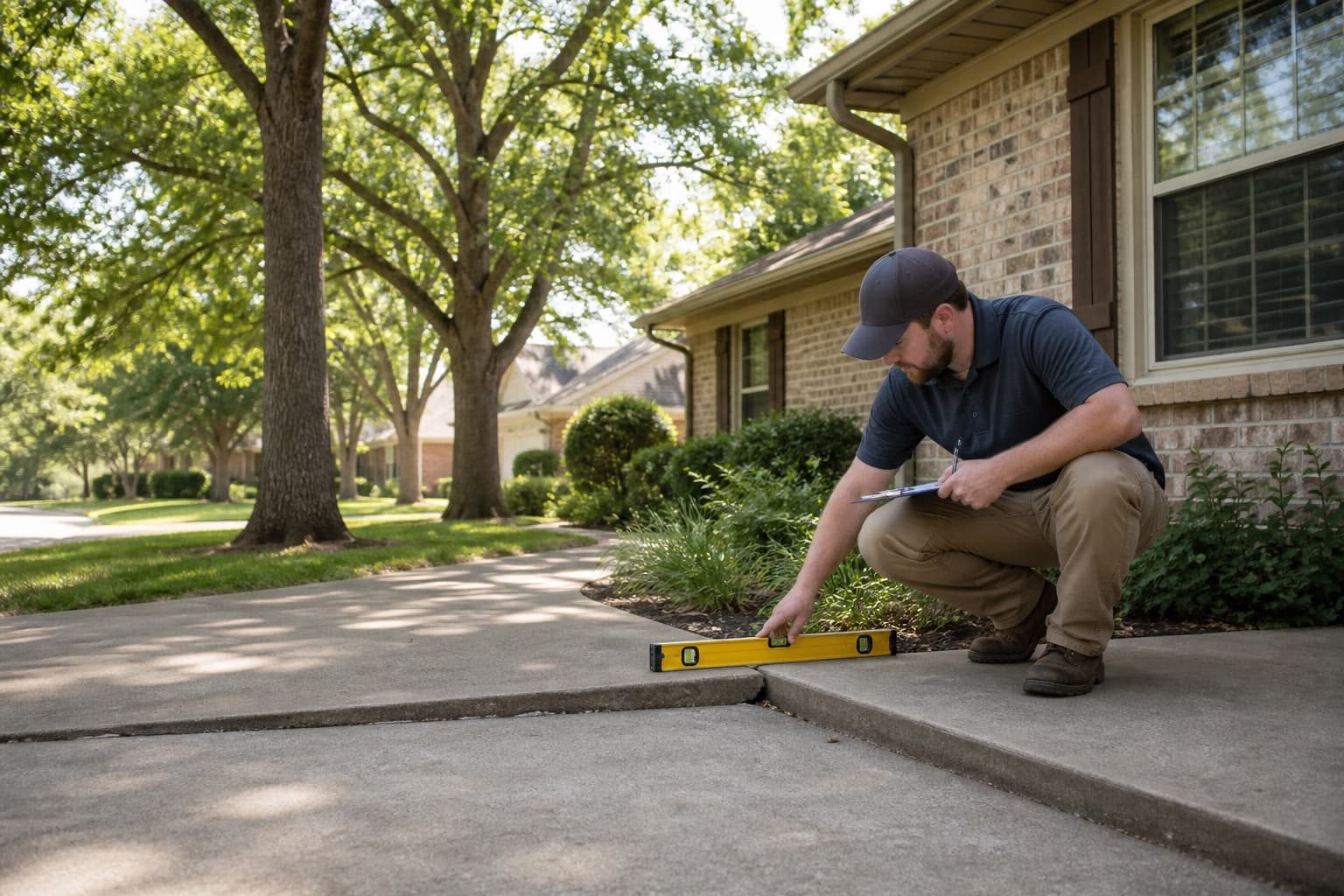 Technician measuring concrete and foundation context at an illustrative Duncanville-area home