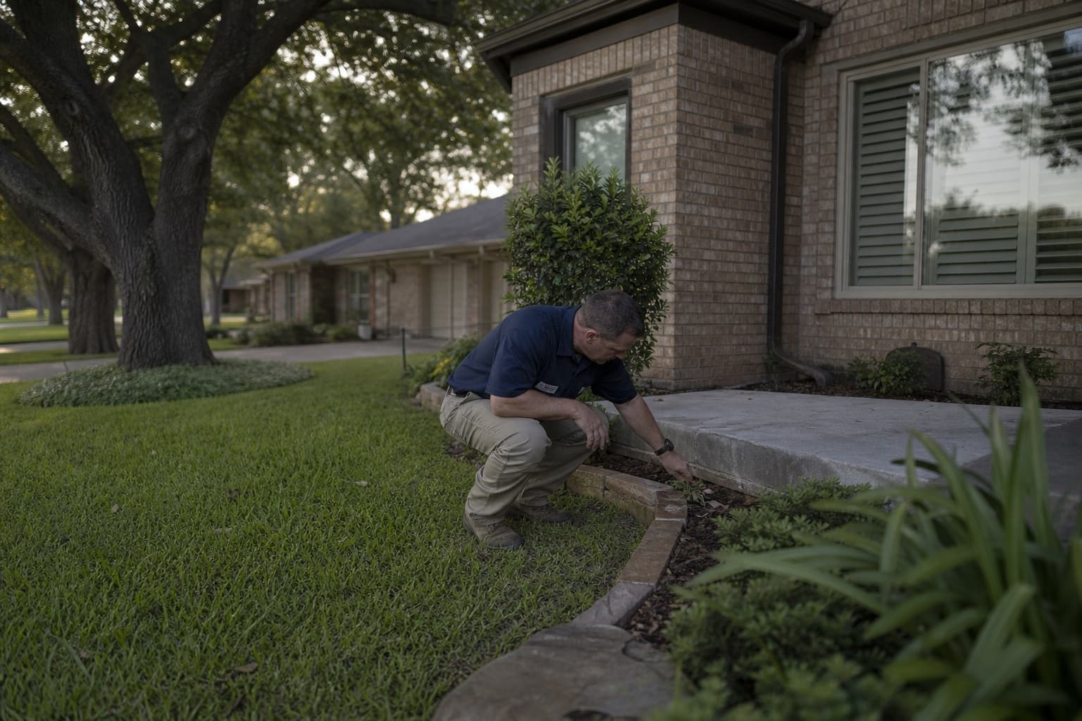Inspector examining slab and landscape drainage at a Farmers Branch Texas residence