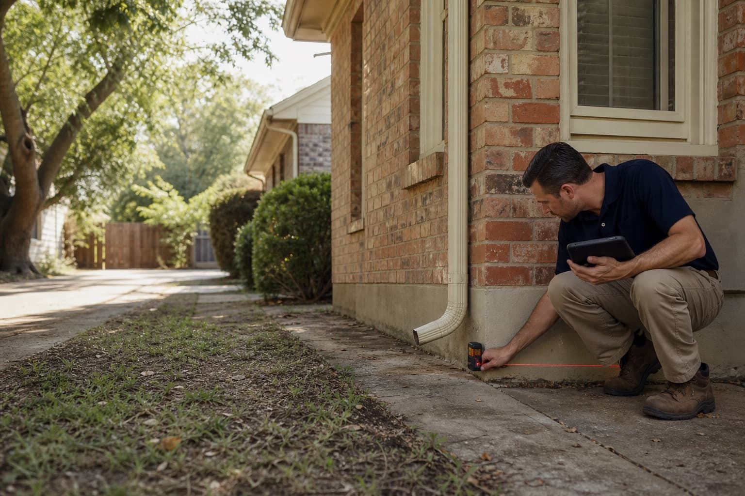 Technician reviewing foundation and runoff conditions at an illustrative Farmers Branch-area home