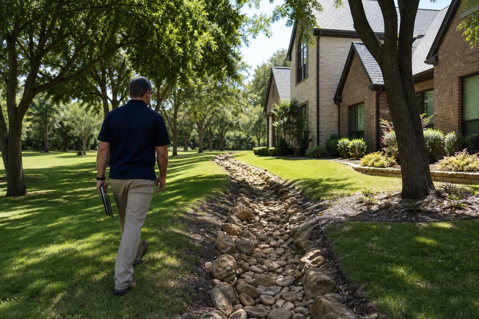 Foundation inspector following runoff across a landscaped Flower Mound Texas property