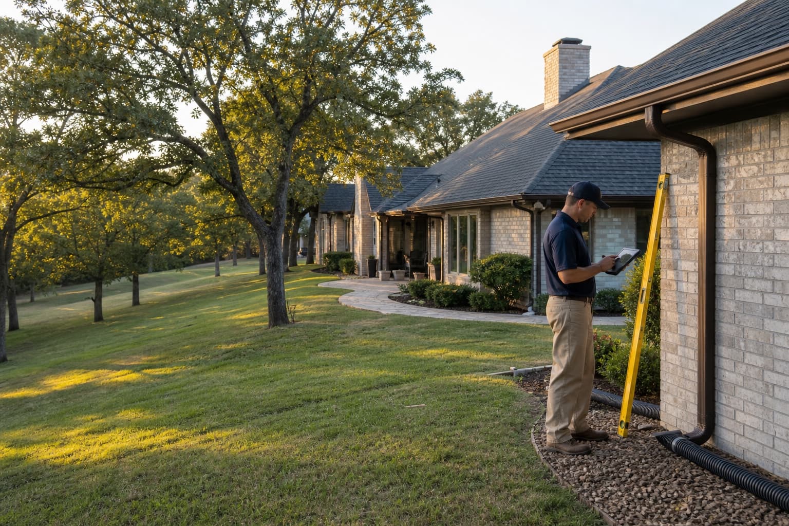 Technician assessing foundation and lot conditions at an illustrative Flower Mound-area home