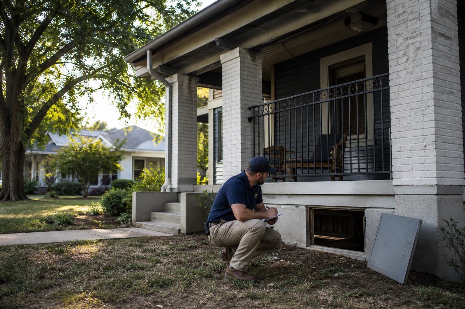 Inspector reviewing an established Fort Worth Texas home with raised-floor construction