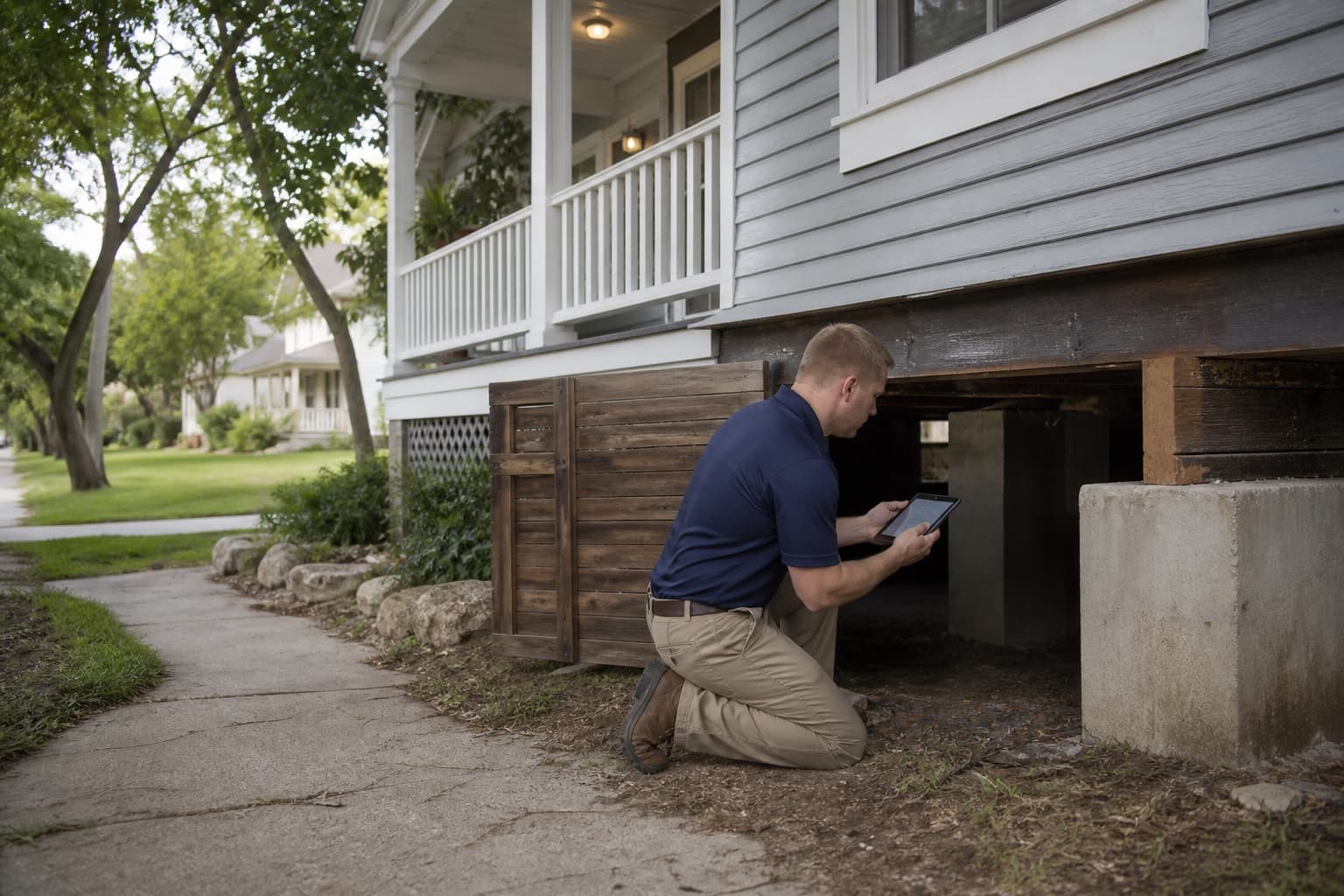 Technician inspecting an illustrative Fort Worth pier and beam foundation