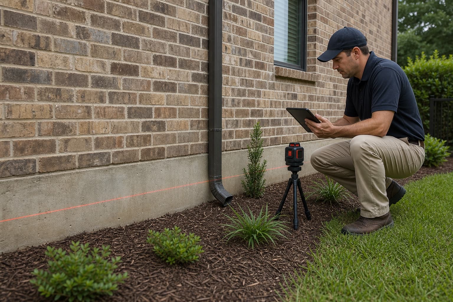 Foundation inspector reviewing measurements inside a North Texas home