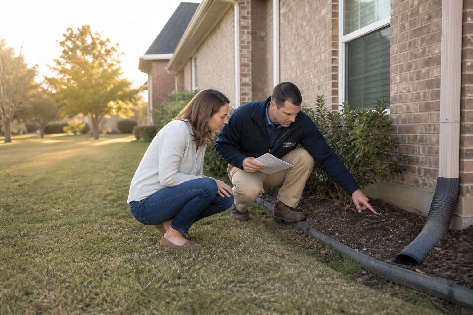 Inspector and homeowner reviewing soil exposure and moisture conditions around a North Texas foundation