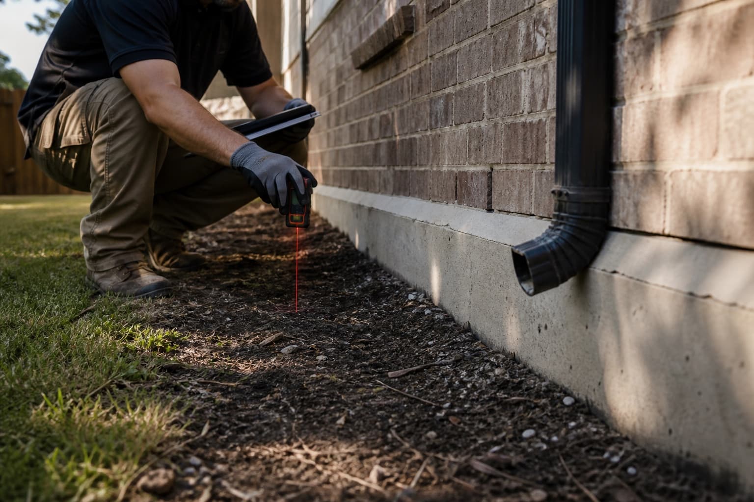 Foundation inspector reviewing exterior movement signs at a North Texas brick home
