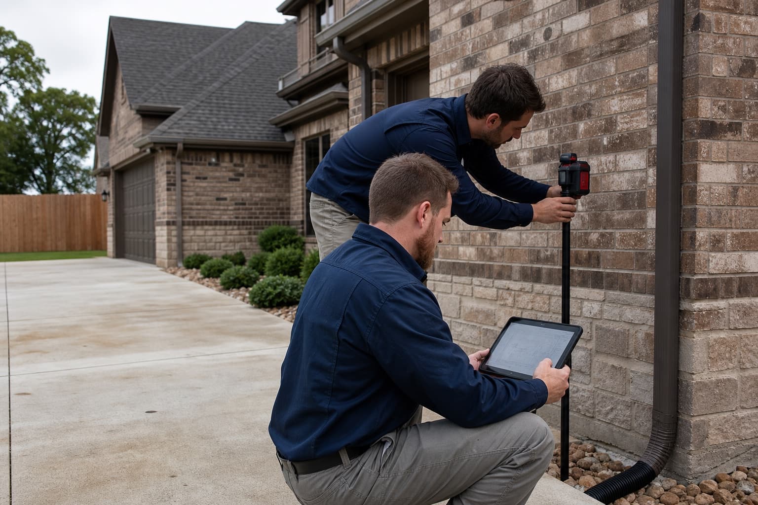 Foundation inspection team reviewing measurements outside a North Texas home