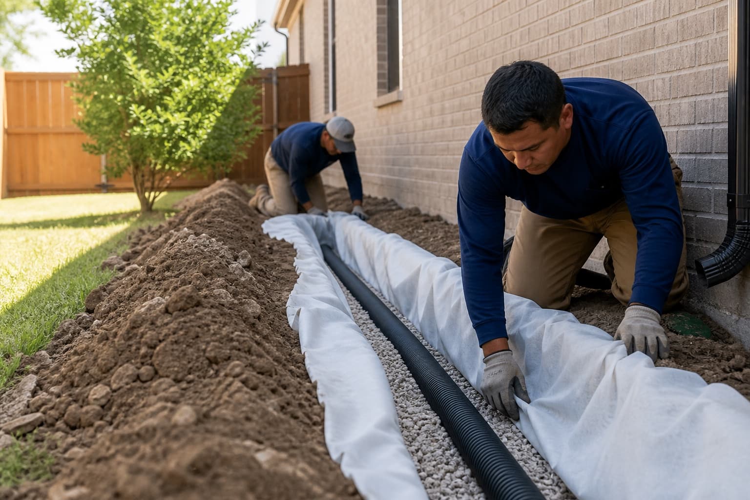 Technicians placing perforated pipe and filter fabric in a residential French drain trench
