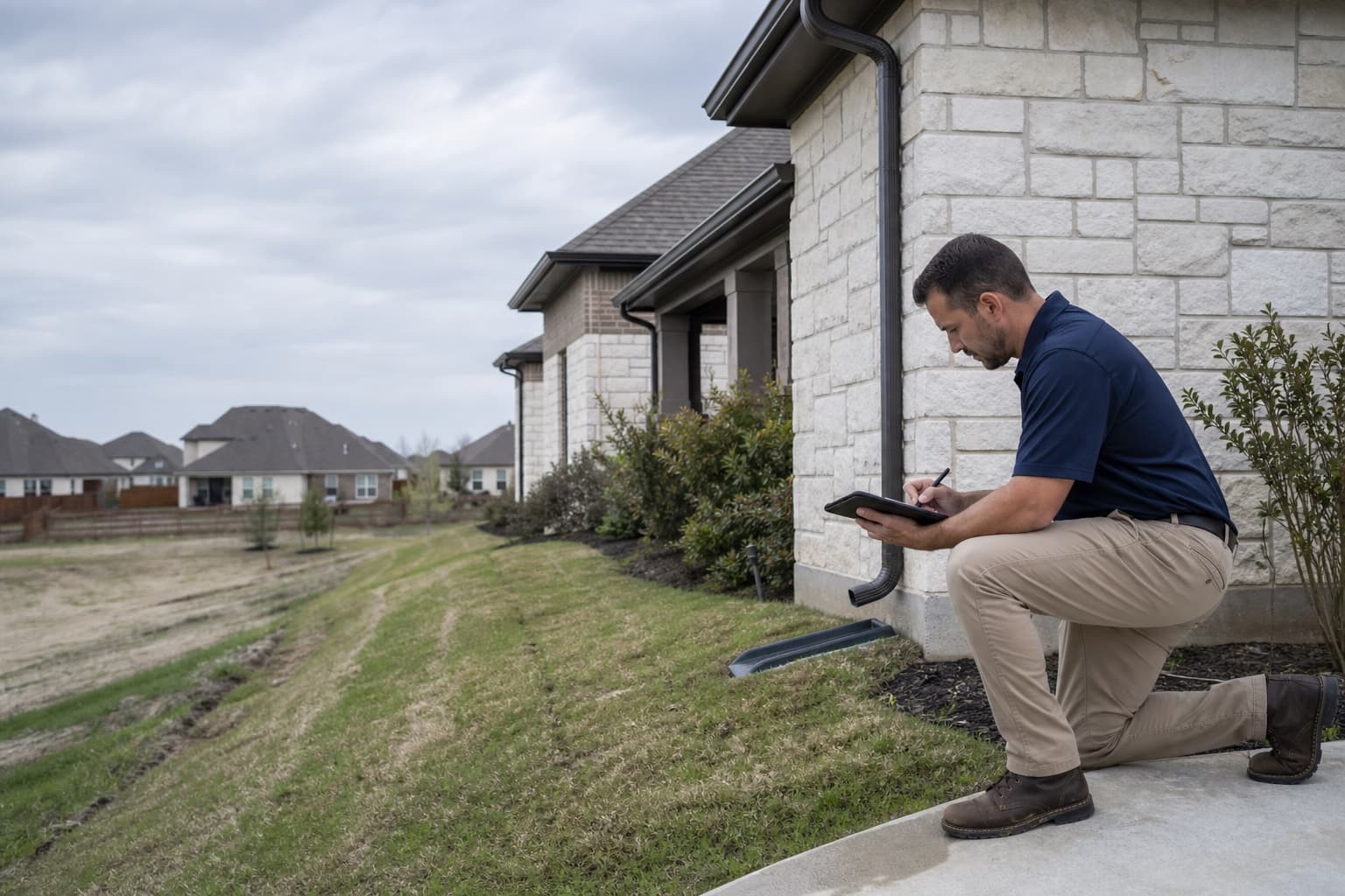 Technician reviewing grade and slab conditions at an illustrative Frisco-area home