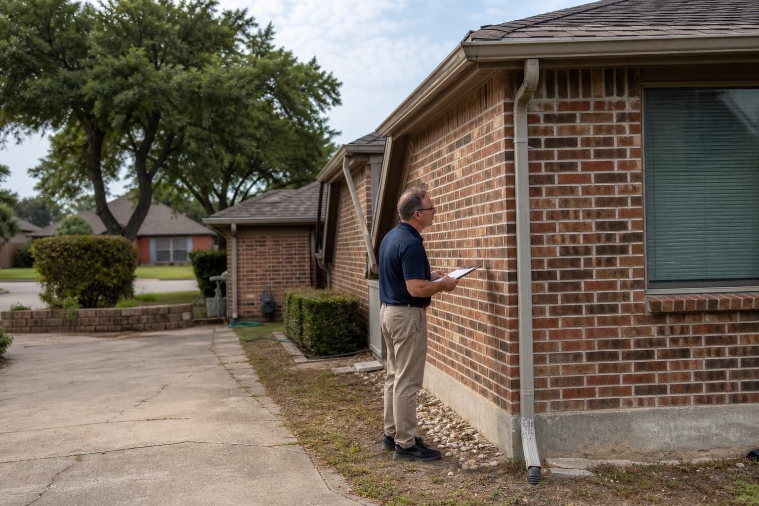 Foundation inspector reviewing runoff and brick-wall conditions at a Garland Texas home