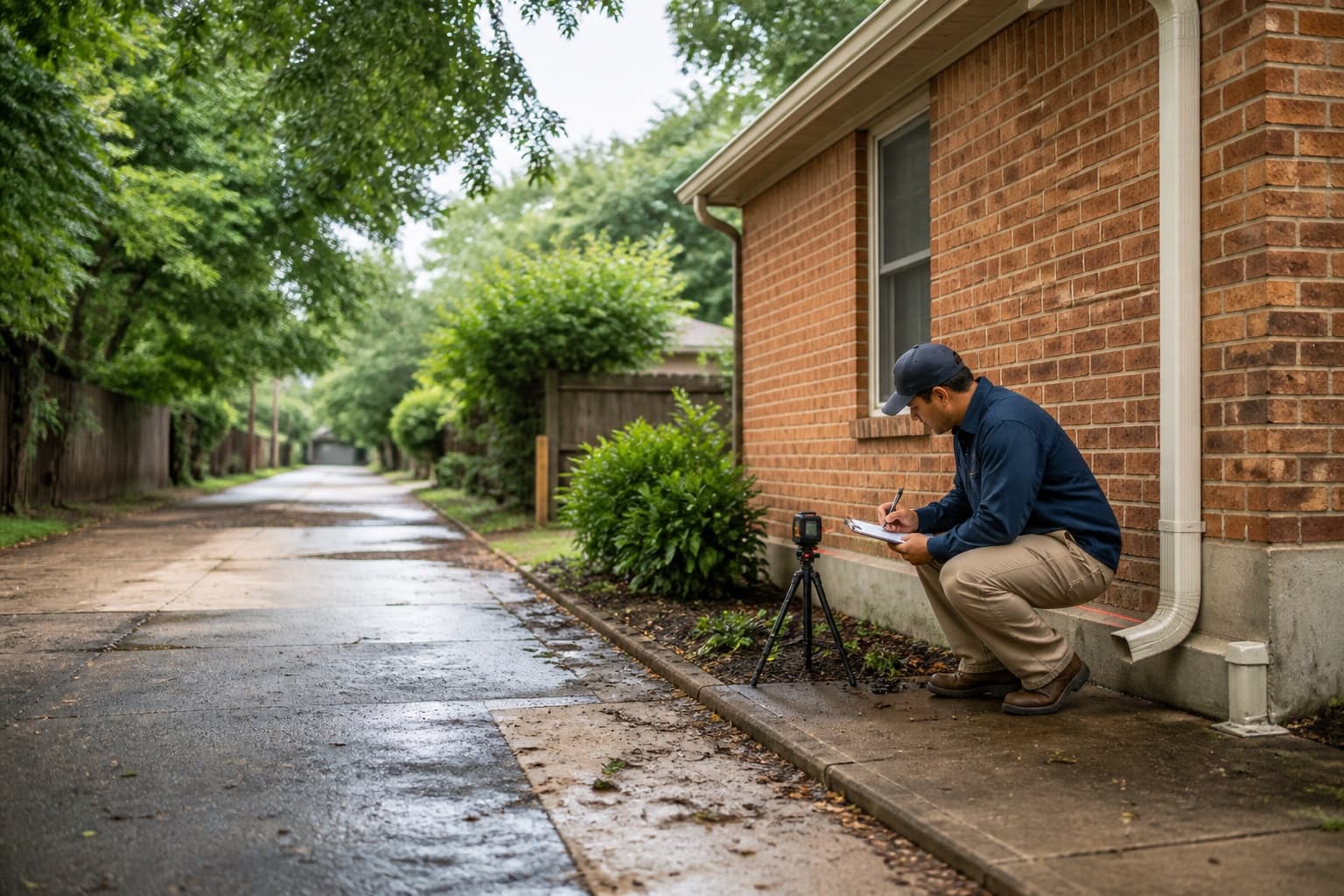 Technician documenting runoff and foundation conditions at an illustrative Garland-area home