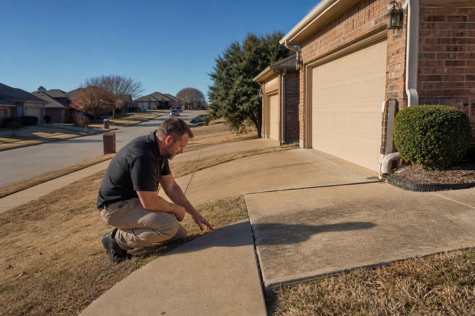 Inspector reviewing driveway drainage beside a Grand Prairie Texas slab home