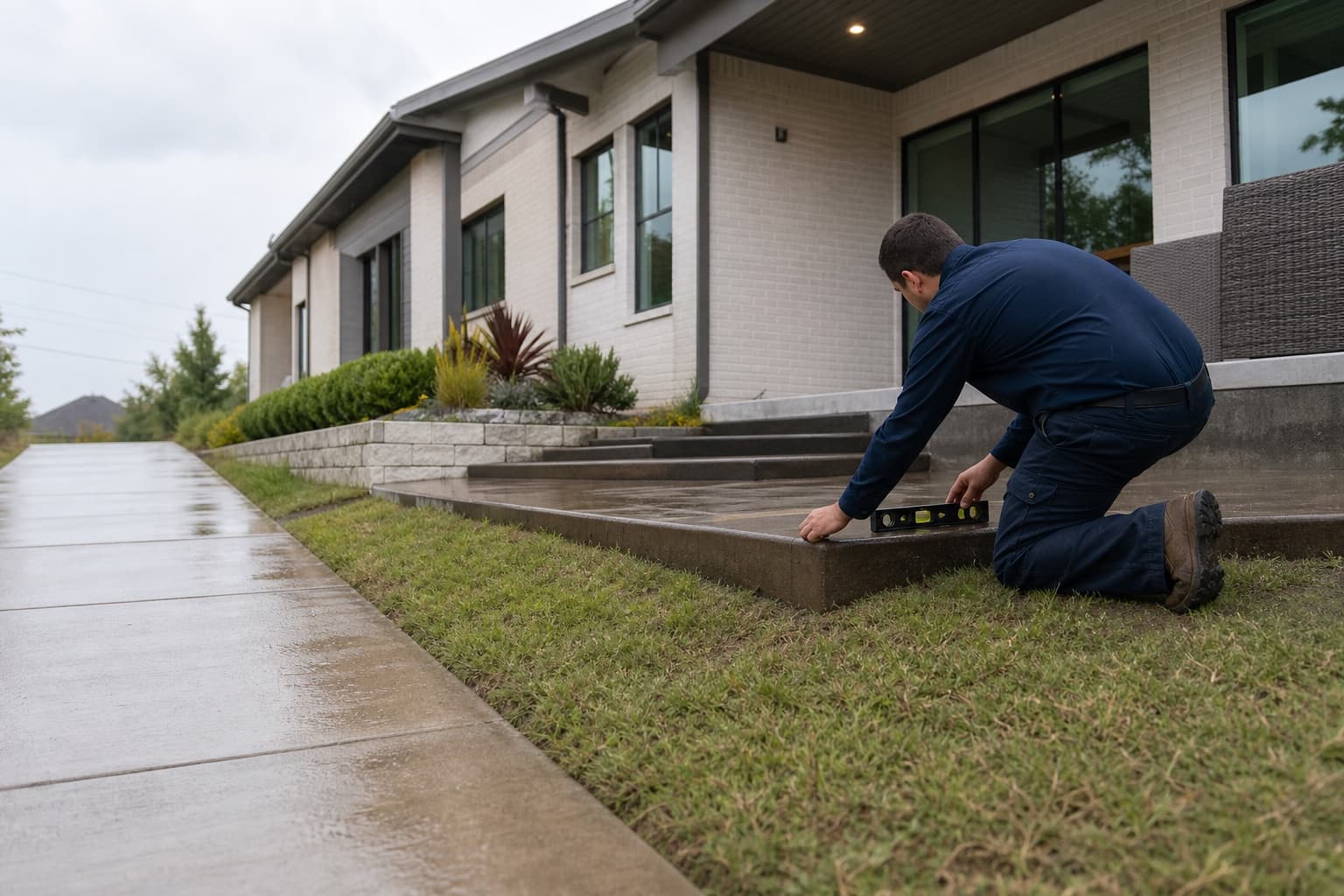 Technician reviewing grading beside an illustrative Grand Prairie-area slab home