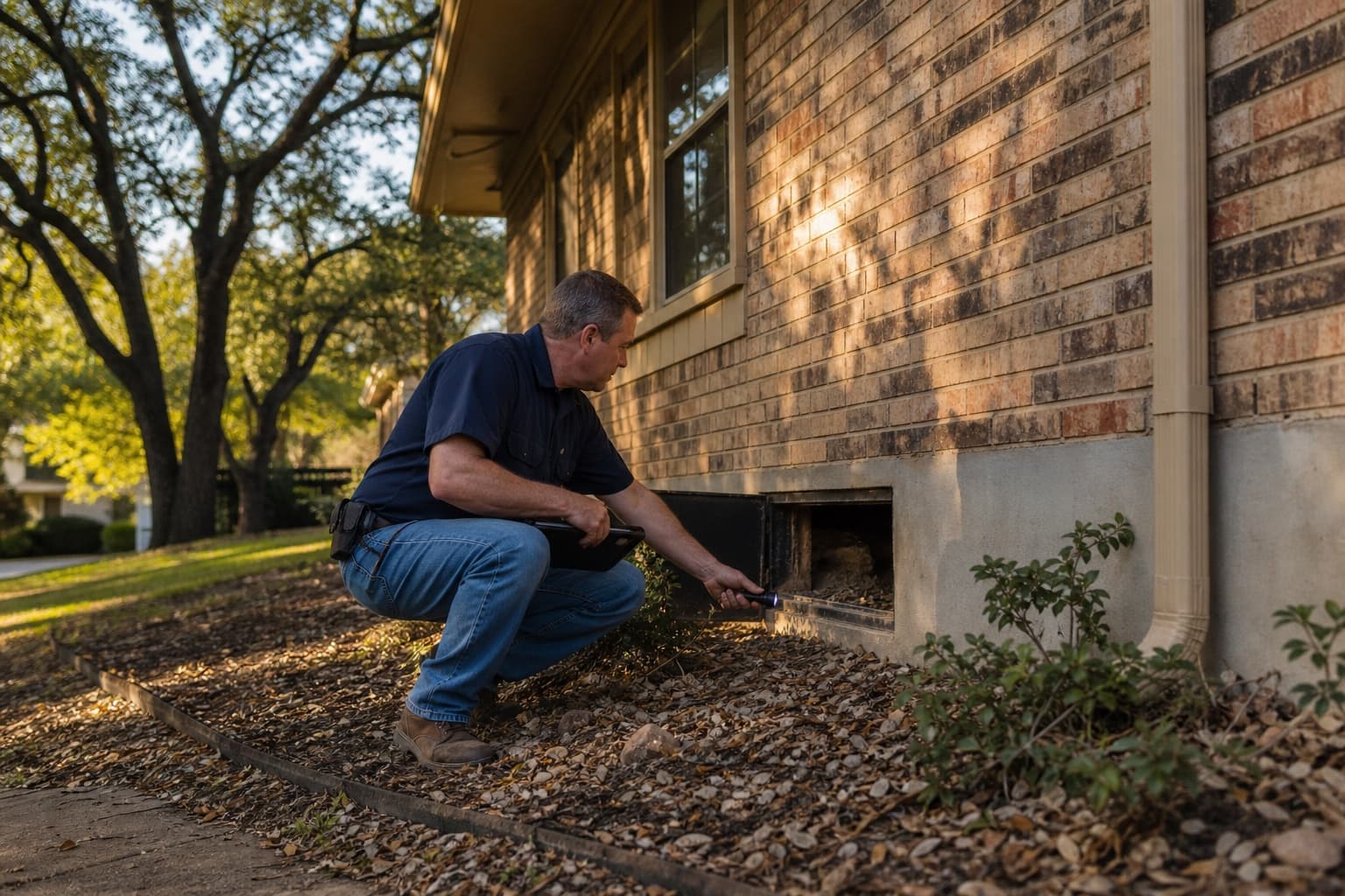 Inspector checking raised-floor and drainage conditions at an established Grapevine Texas home